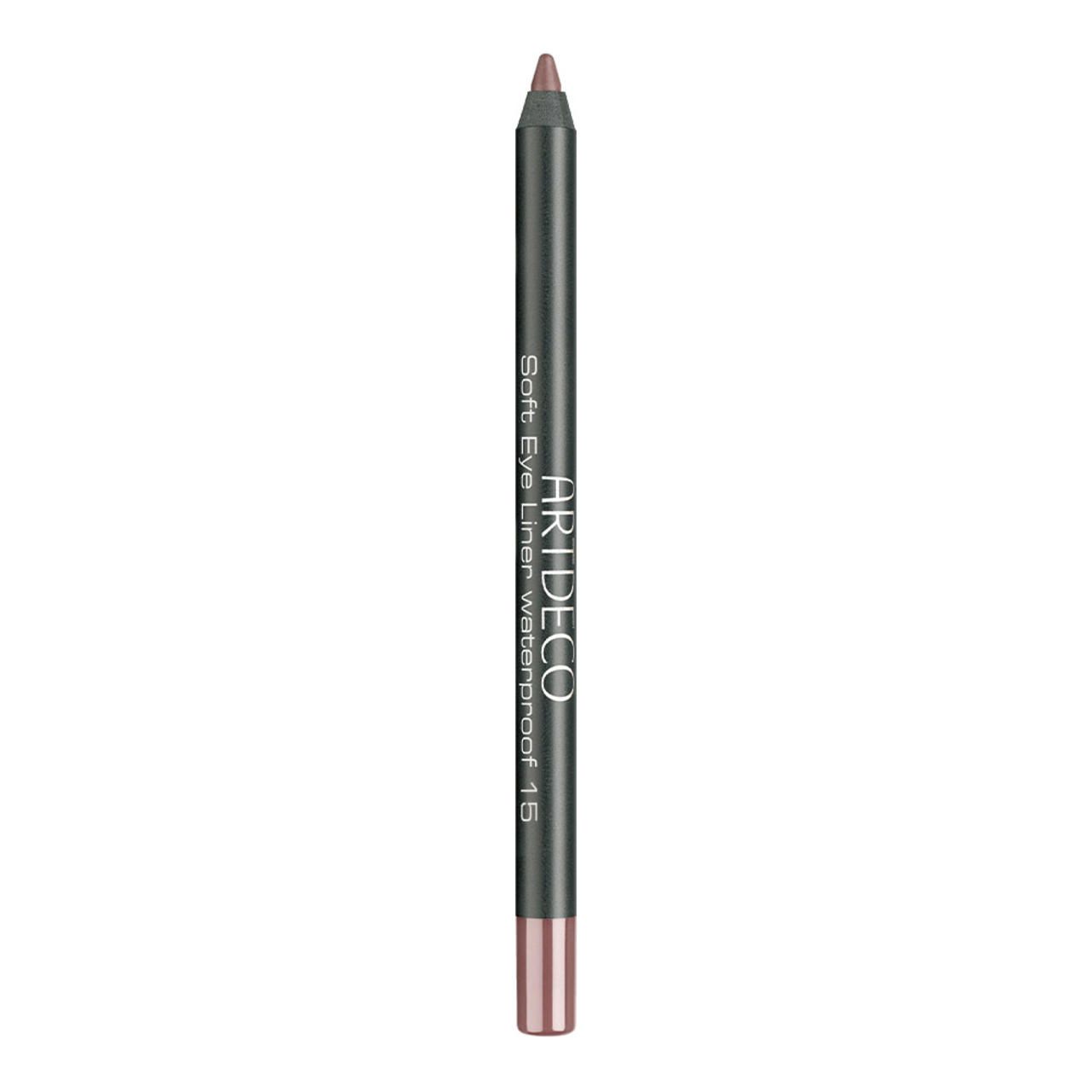 Crayon pour les yeux brun foncé avec l'inscription ARTDECO Soft Eye Liner waterproof 15. Pointe et extrémité marron clair.
