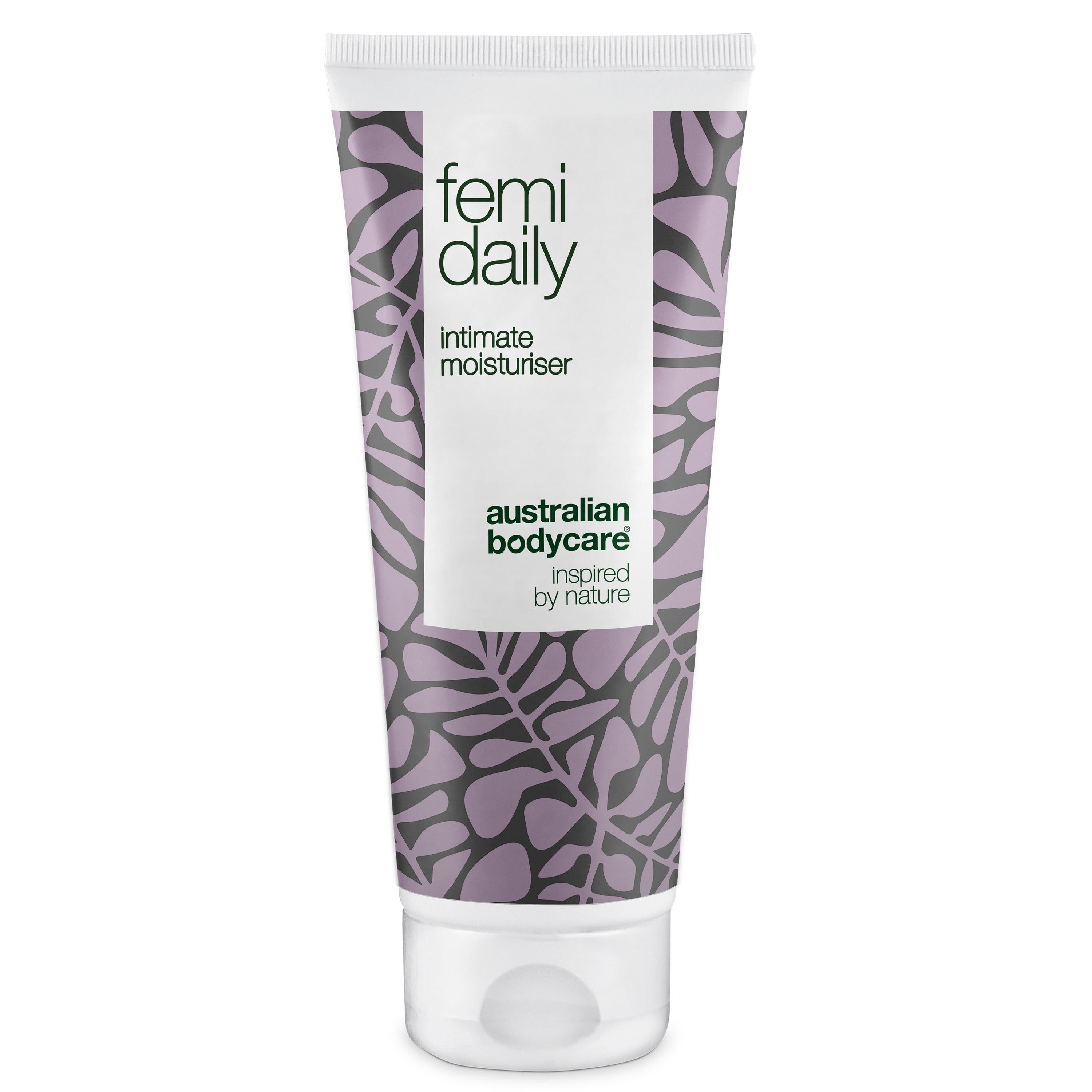 Tube mit "femi daily" und "intimate moisturiser". Marke: Australian Bodycare. Weiß-lila Design.