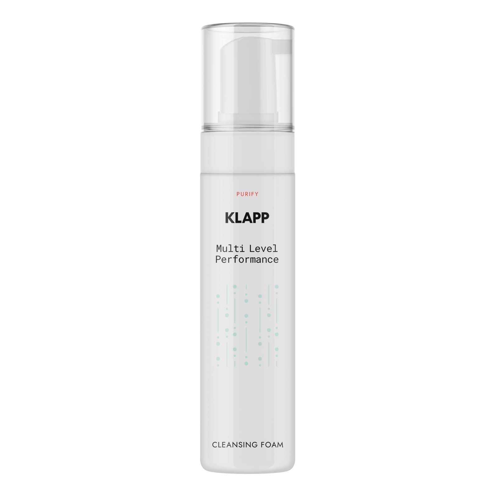 Klapp Multi Level Performance Cleansing Foam. Weiße Flasche mit Pumpverschluss. Text: PURIFY, KLAPP, Cleansing Foam.
