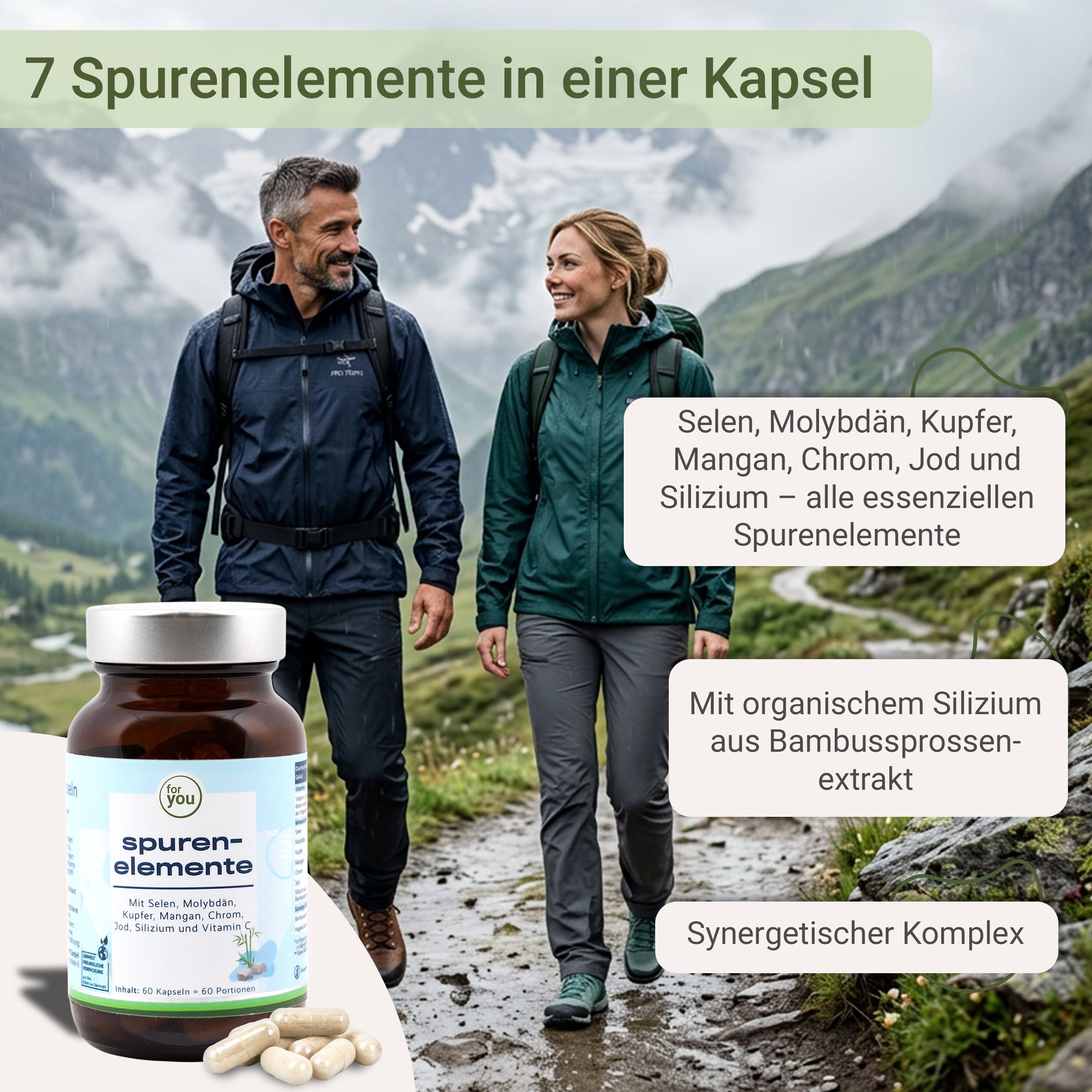 Paar Wanderer auf Bergpfad, daneben eine Flasche Spurenelemente-Kapseln und Textfelder.