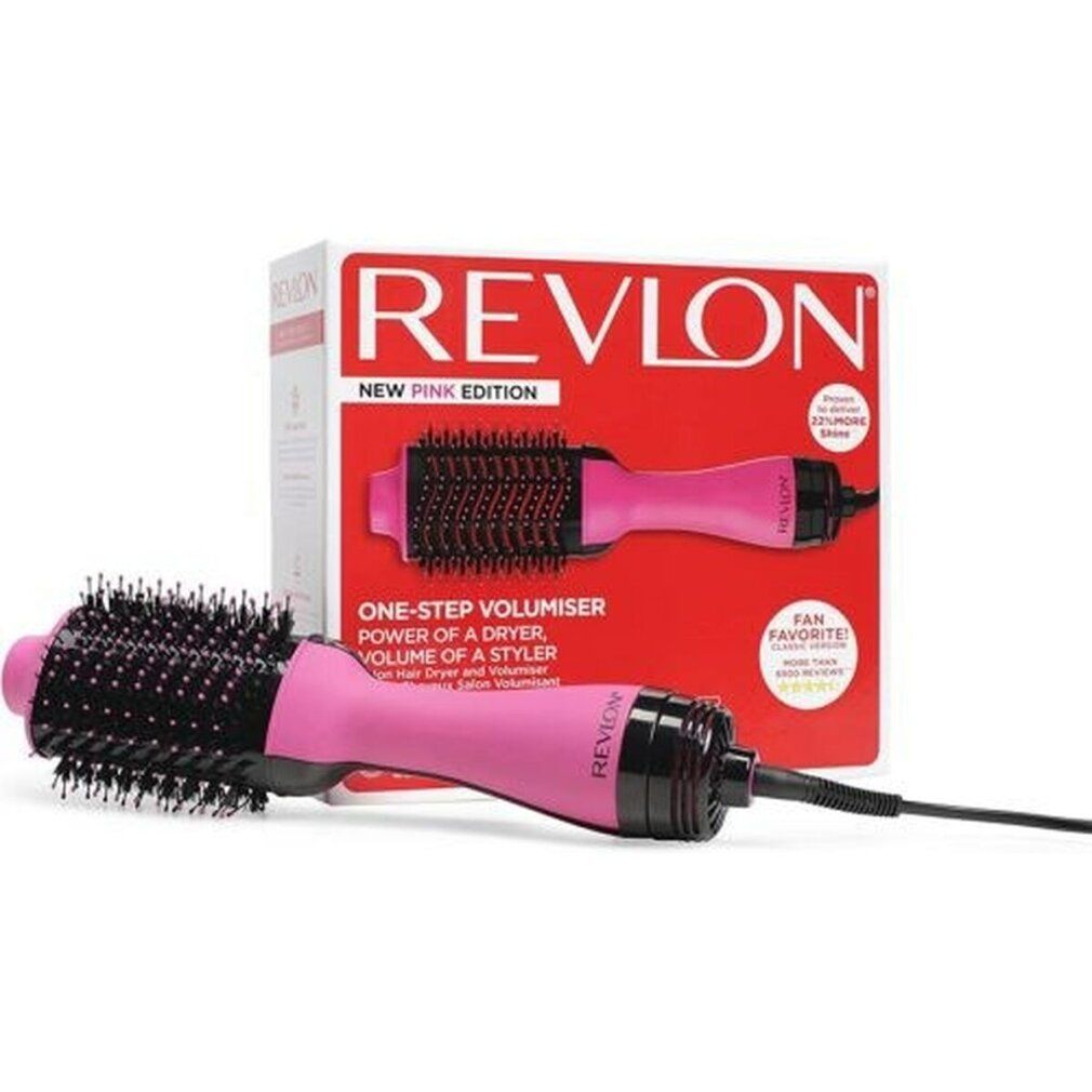 Haartrockner und Volumizer in Verpackung. Rosa Gerät mit schwarzer Bürste. REVON-Logo und Produktname auf der Verpackung.