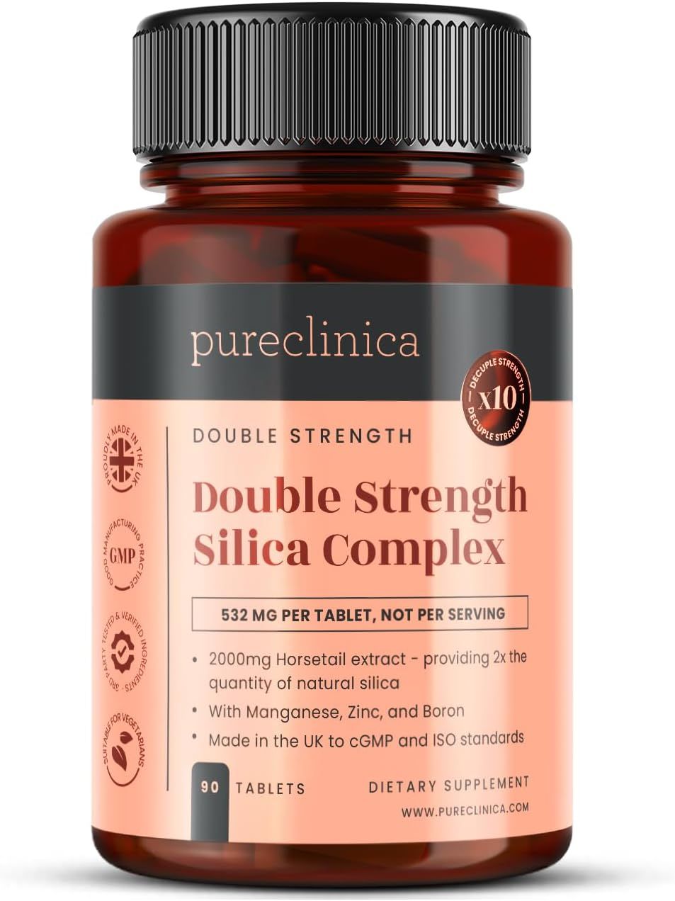 Braune Tablettenflasche mit schwarzem Deckel. Aufschrift: Double Strength Silica Complex. Enthält 90 Tabletten. Mit GMP-Zertifizierung und Hergestellt in UK.