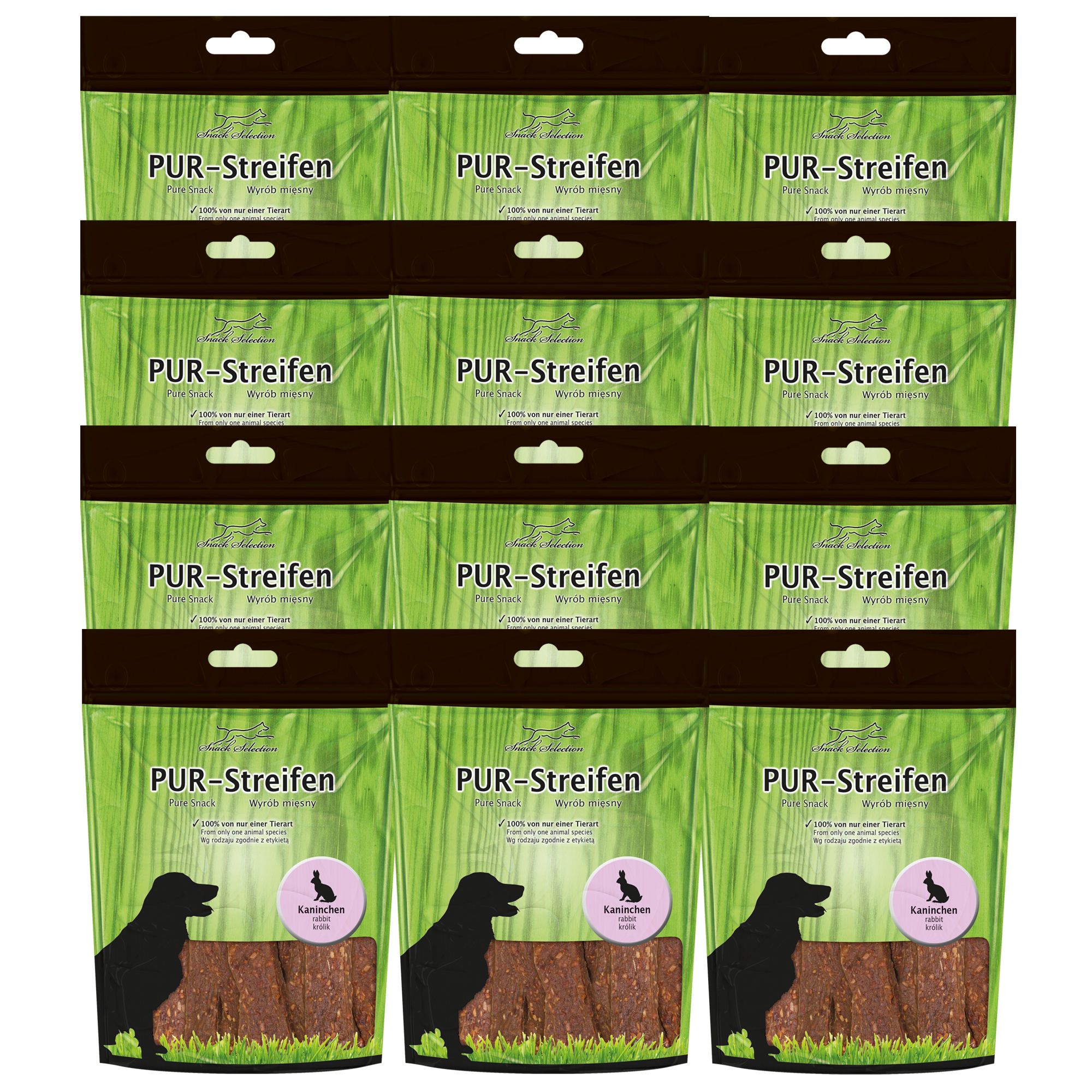 Mehrere Packungen PUR-Streifen. Grün-transparente Beutel mit Produktbezeichnung, Kaninchen-Illustration und Hundesilhouette. Inhalt sichtbar.