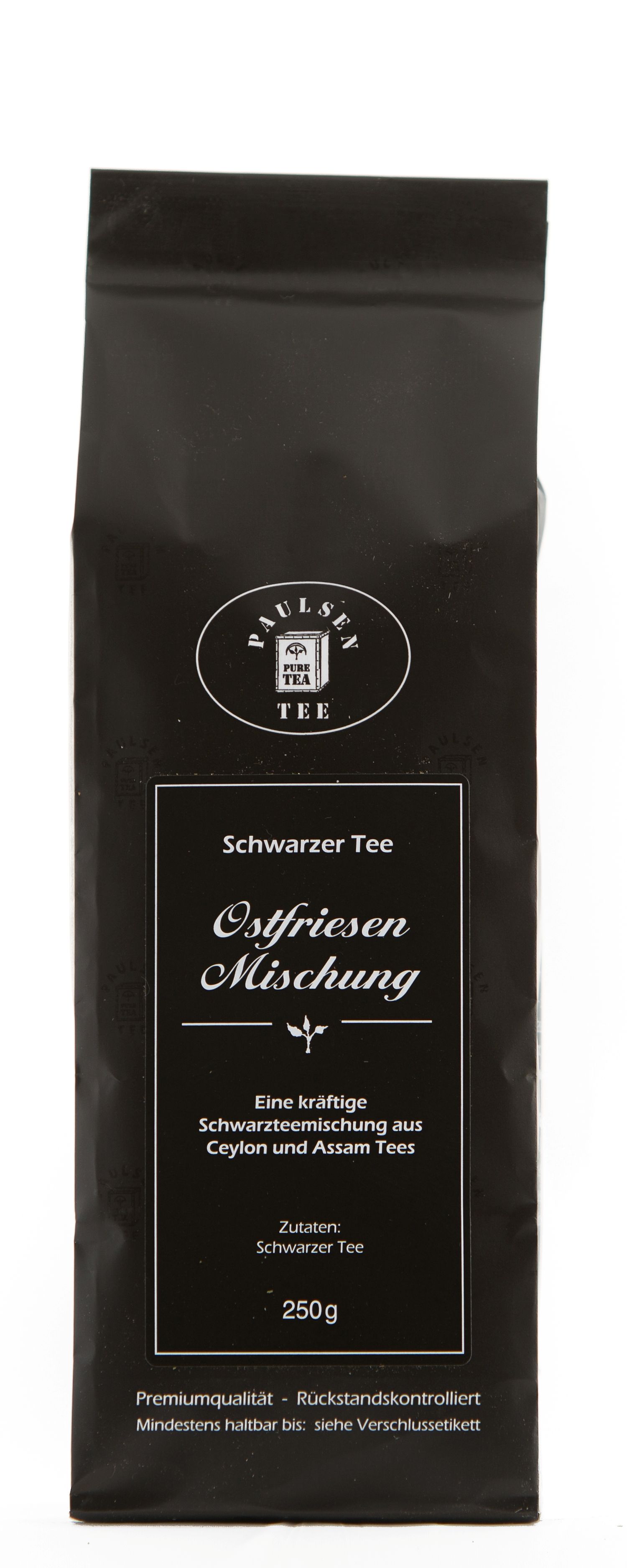 Schwarzer Tee in schwarzer Verpackung. Text: Paulsen Tee, Ostfriesen Mischung, 250g. Premiumqualität.