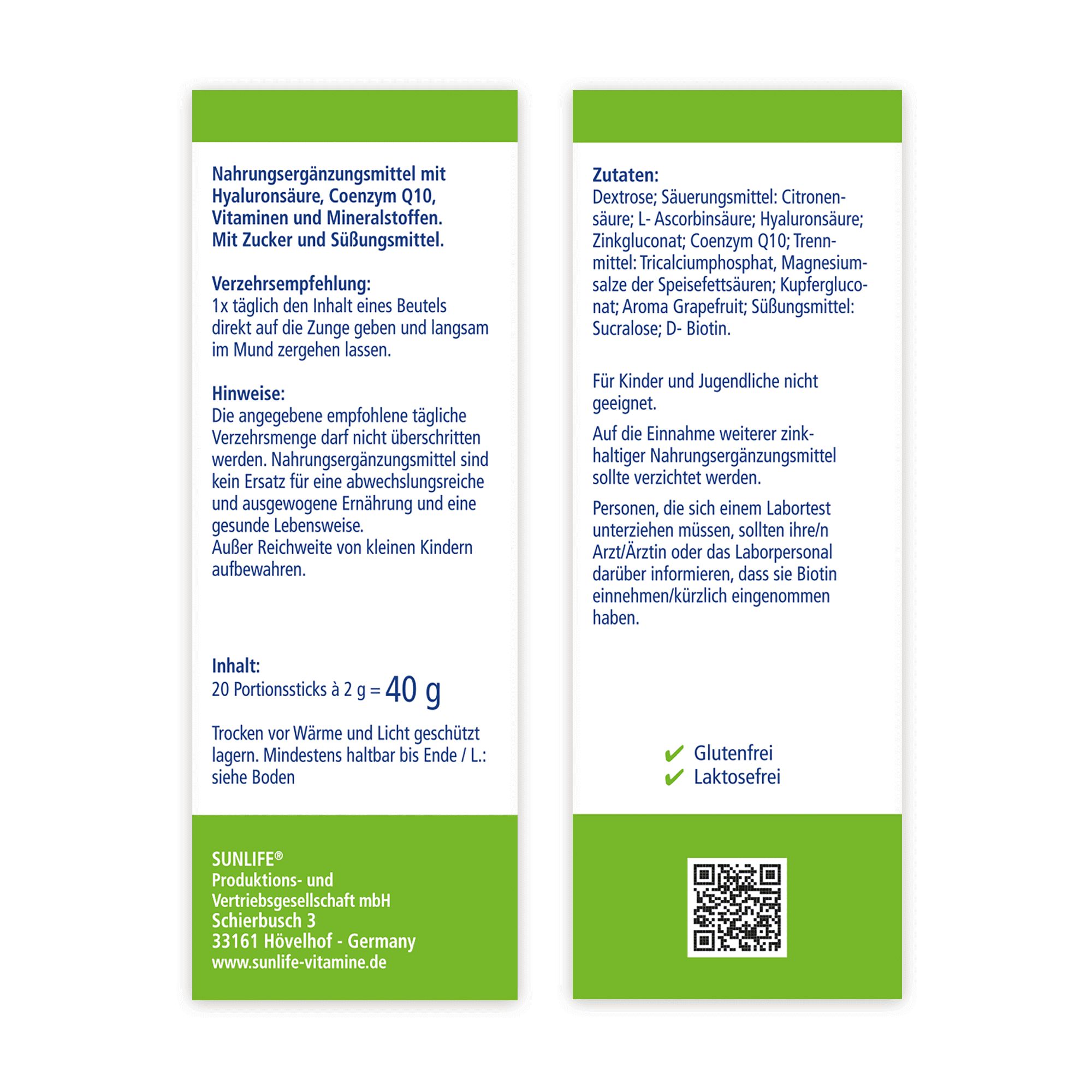 Rückseite der SUNLIFE® Hyaluron Direkt Sticks Verpackung. Enthält Informationen zu Inhaltsstoffen, Anwendung und Nährwerten. Glutenfrei und laktosefrei.