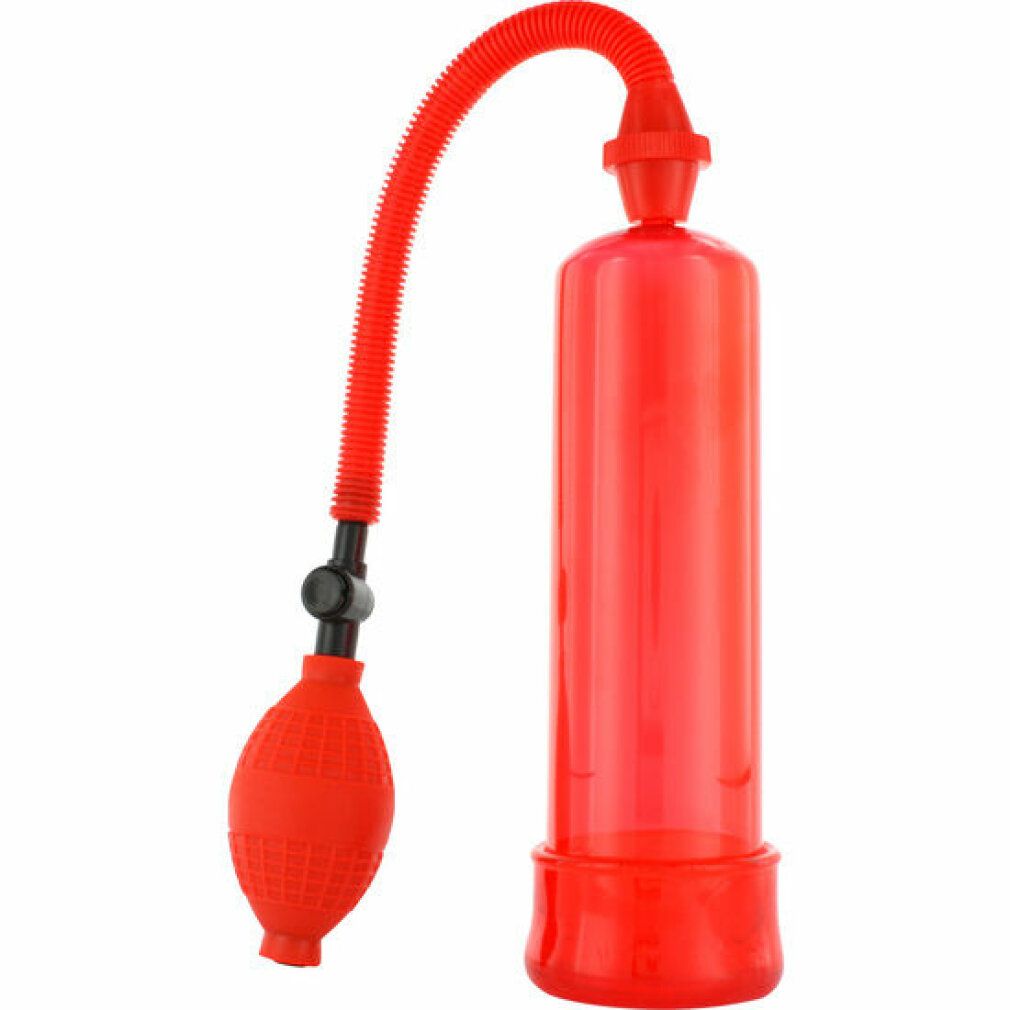 Rote Penispumpe mit Schlauch und Ball. Transparenter Zylinder, roter Ball zum Pumpen.