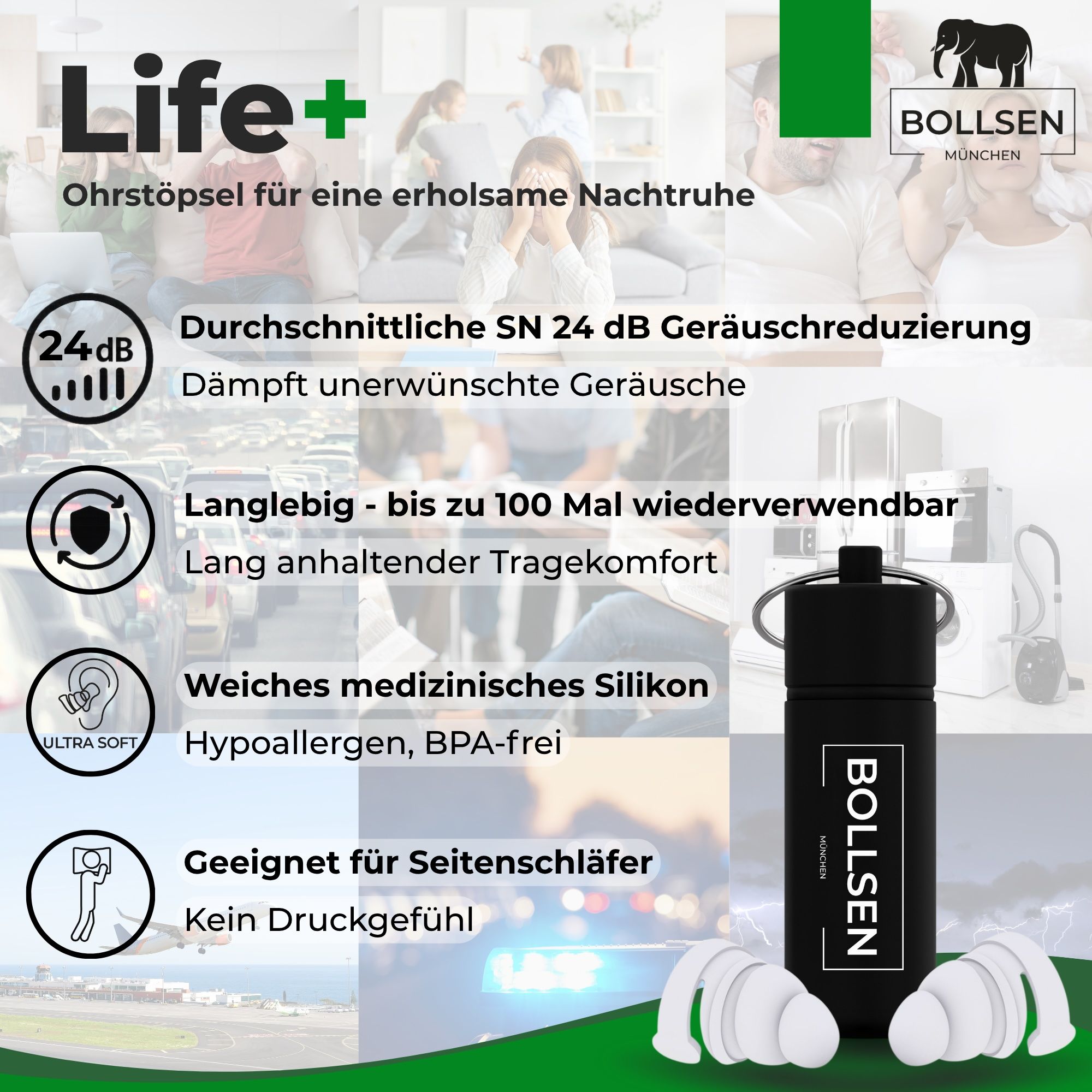 Life+ BOLLSEN Ohrstöpsel: 24 dB SNR, 100x wiederverwendbar, medizinisches Silikon.