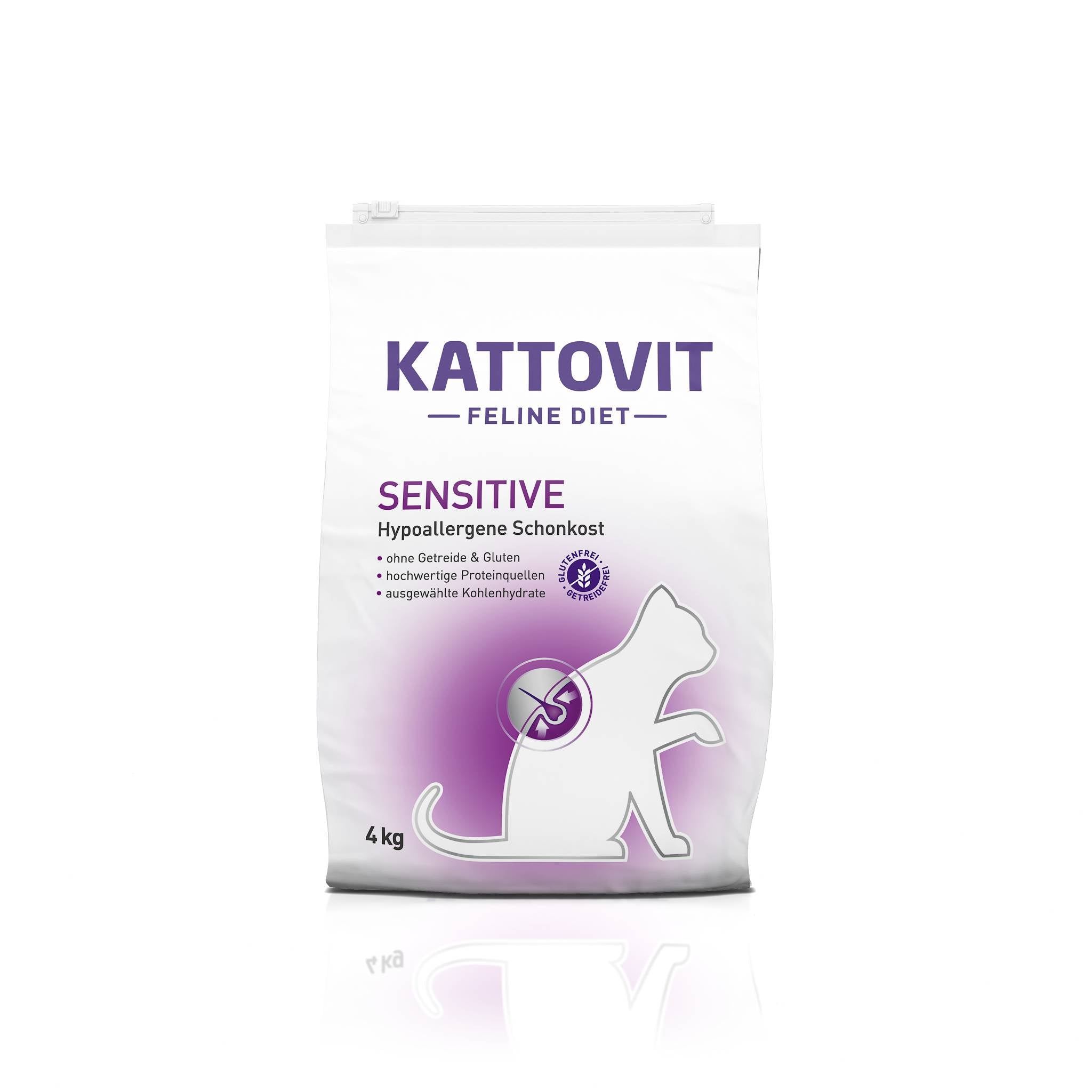Verpackung KATTOVIT Sensitive Trockenfutter. Weißer Beutel mit Logo, Produktname und Illustration einer Katze. 4 kg.