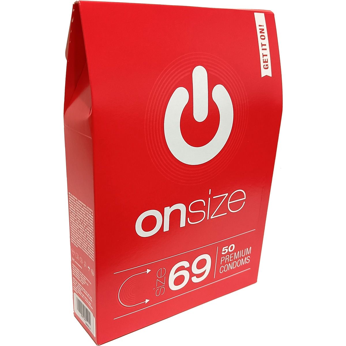 Rote Verpackung mit weißem Logo und Schriftzug "onsize". Aufschrift "Size 69" und "50 Premium Kondome".