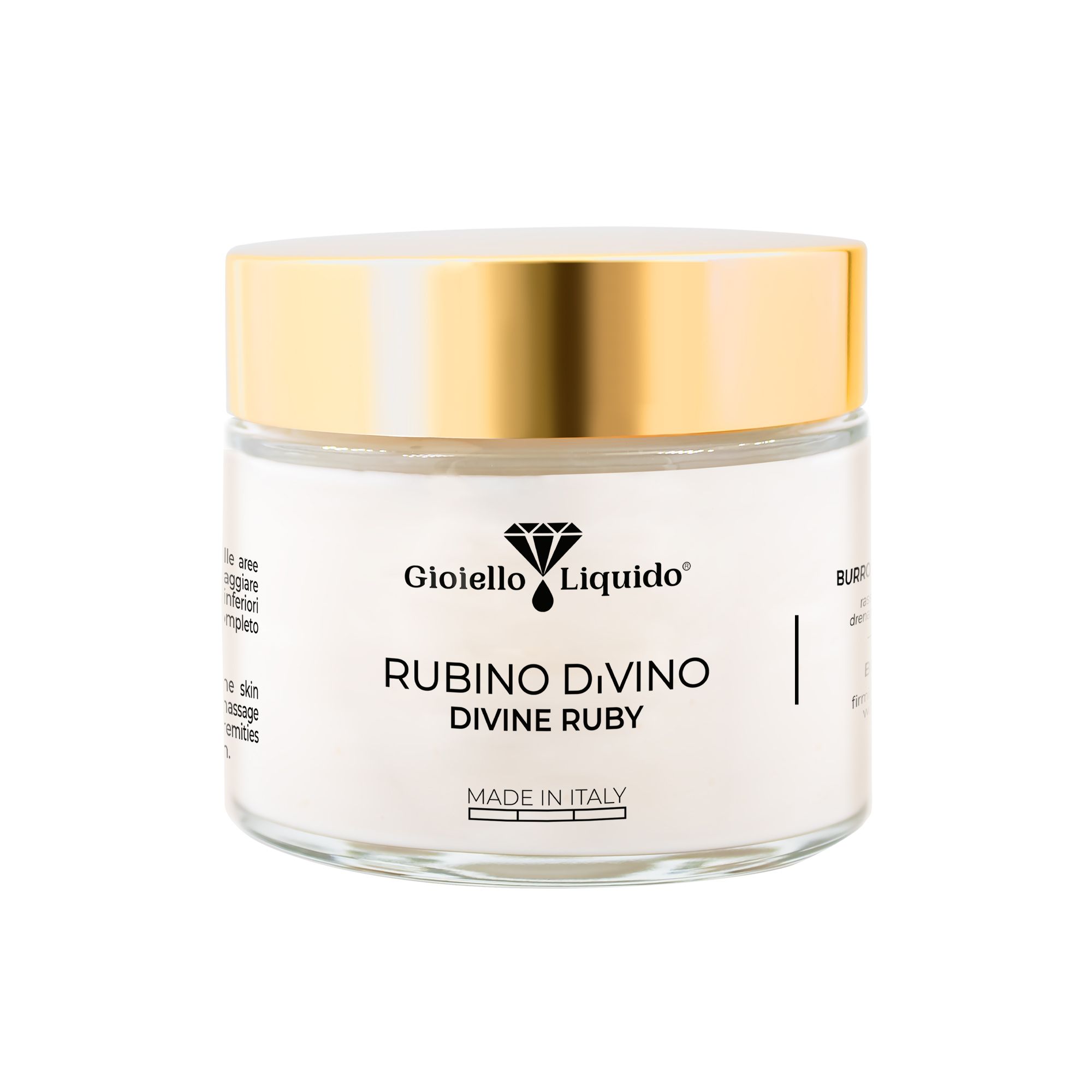 Körperbutter-Glas mit goldenem Deckel. Aufschrift: Rubino Divino, Divine Ruby, Made in Italy. Logo.