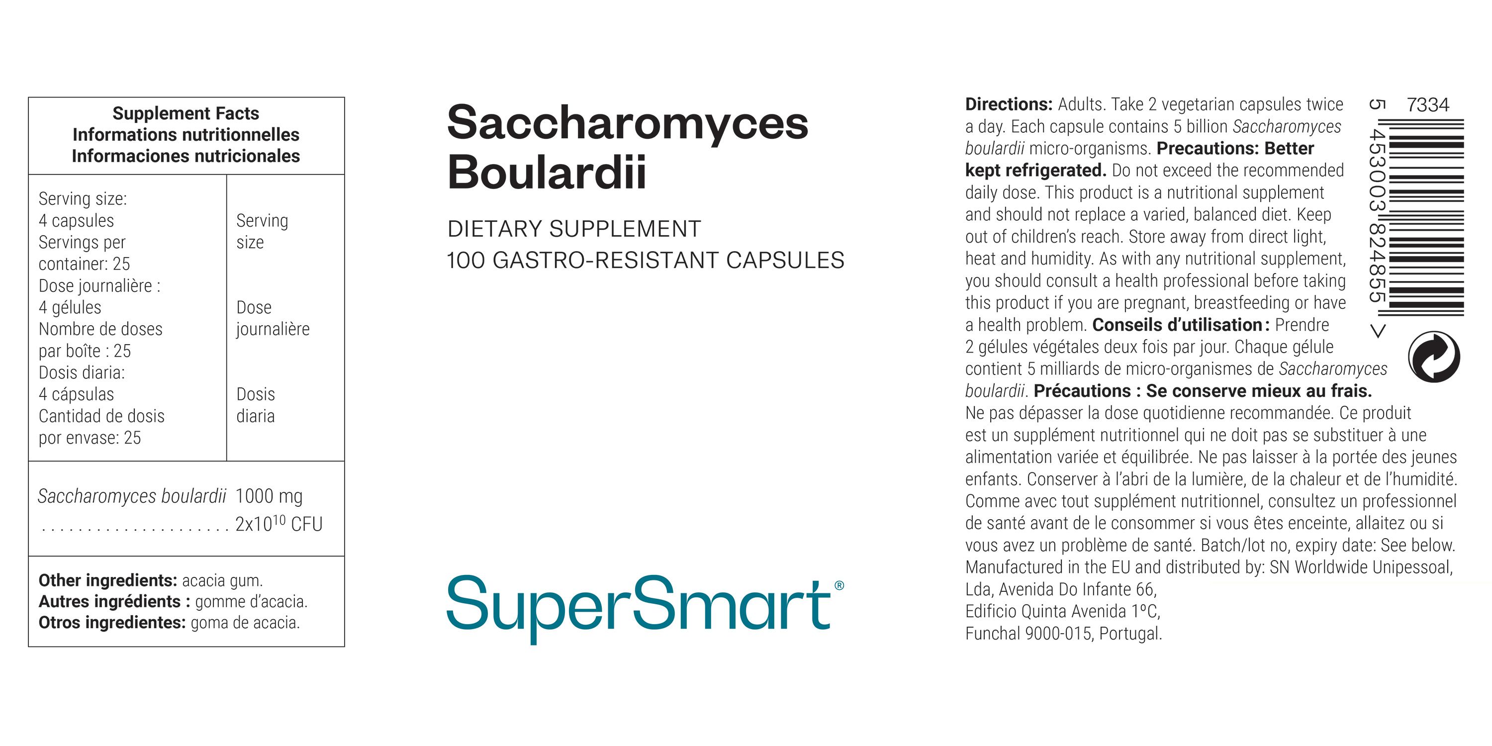 Etikett mit Produktinformationen. "Saccharomyces Boulardii" und "SuperSmart" sind sichtbar. Enthält Nährwertangaben und Inhaltsstoffe.