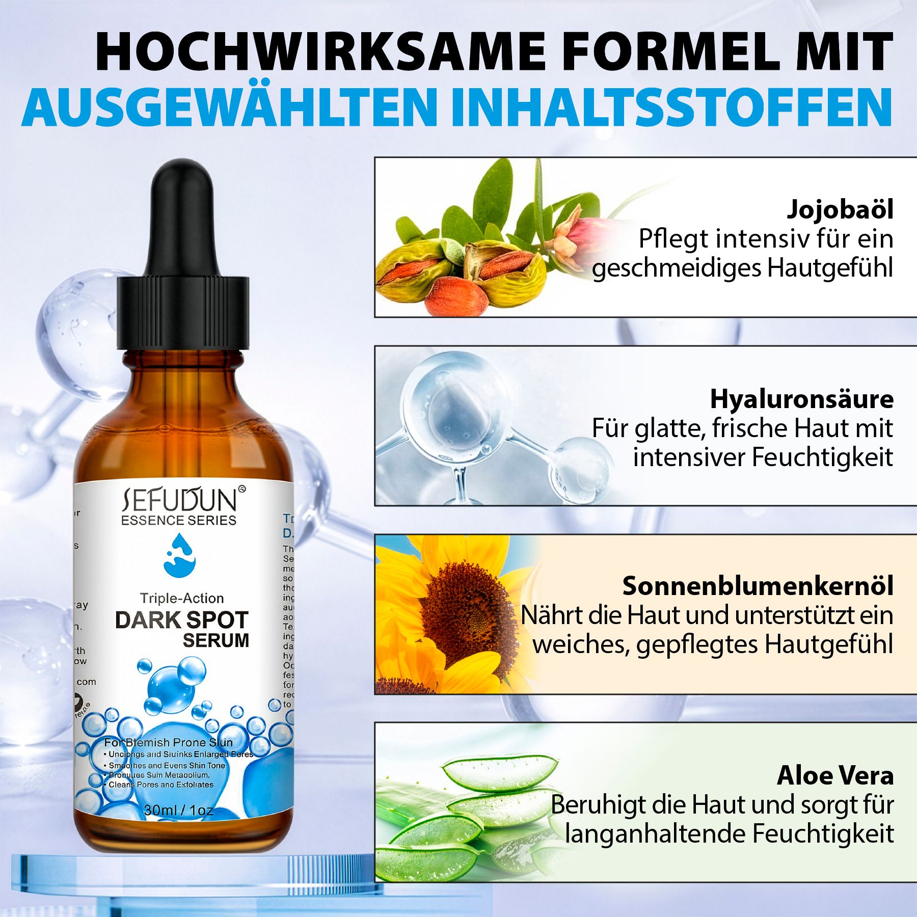 Braune Glasflasche mit Pipette, beschriftet mit 'SEFUDUN Triple-Action DARK SPOT SERUM'. Daneben Abbildungen von Jojobaöl, Hyaluronsäure, Sonnenblumenkernöl und Aloe Vera.