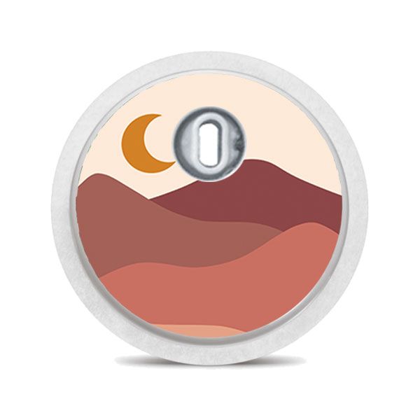 Runder Aufkleber mit Mond und Berglandschaft. Beige, braune Farbtöne. Für medizinische Geräte.