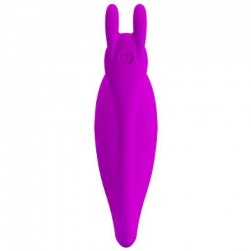 Lila Silikonvibrator mit zwei Häschenohren und einem länglichen Schaft. Ein Knopf ist sichtbar.