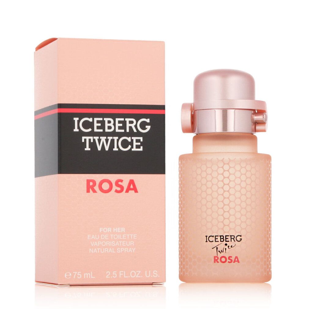 Iceberg Twice Rosa Eau de Toilette. Rosa Flakon und Verpackung. Aufschrift: Iceberg Twice Rosa. Text: For Her, Eau de Toilette.