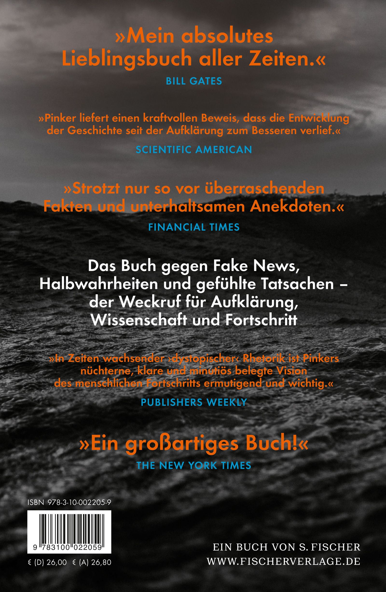 Rückseite des Buches "Aufklärung jetzt". Zitate, Titel, ISBN, Verlagsinformationen.