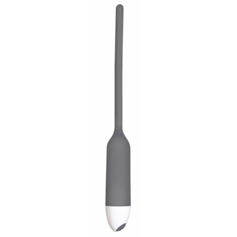 Grauer Dilator mit weißer Spitze. Zylindrischer Griff, schlanker Schaft, abgerundete Spitze.