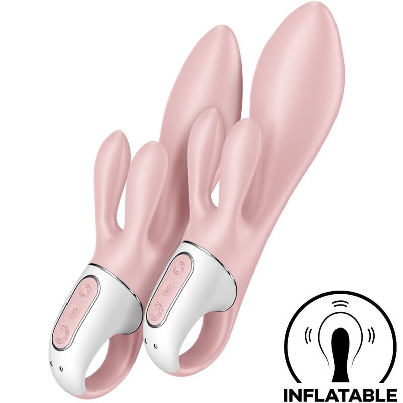 Zwei rosa Geräte mit hasenohrförmigen Aufsätzen und weißen Bedienelementen. Ringförmige Basis. Aufschrift: INFLATABLE.