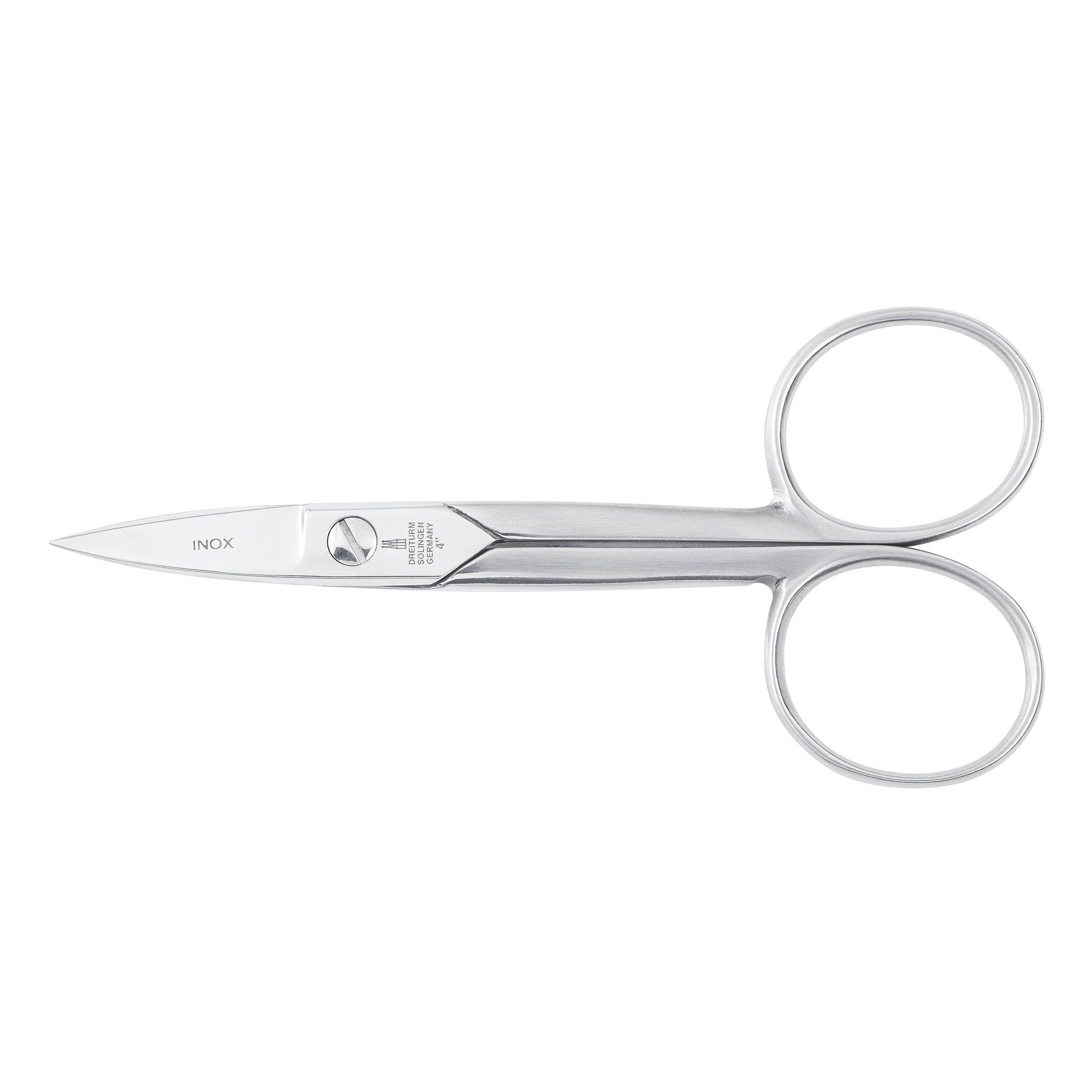 Präzisionsschere aus Edelstahl. Gerade Klingen, abgerundete Griffe. Aufschrift: INOX, Solingen.