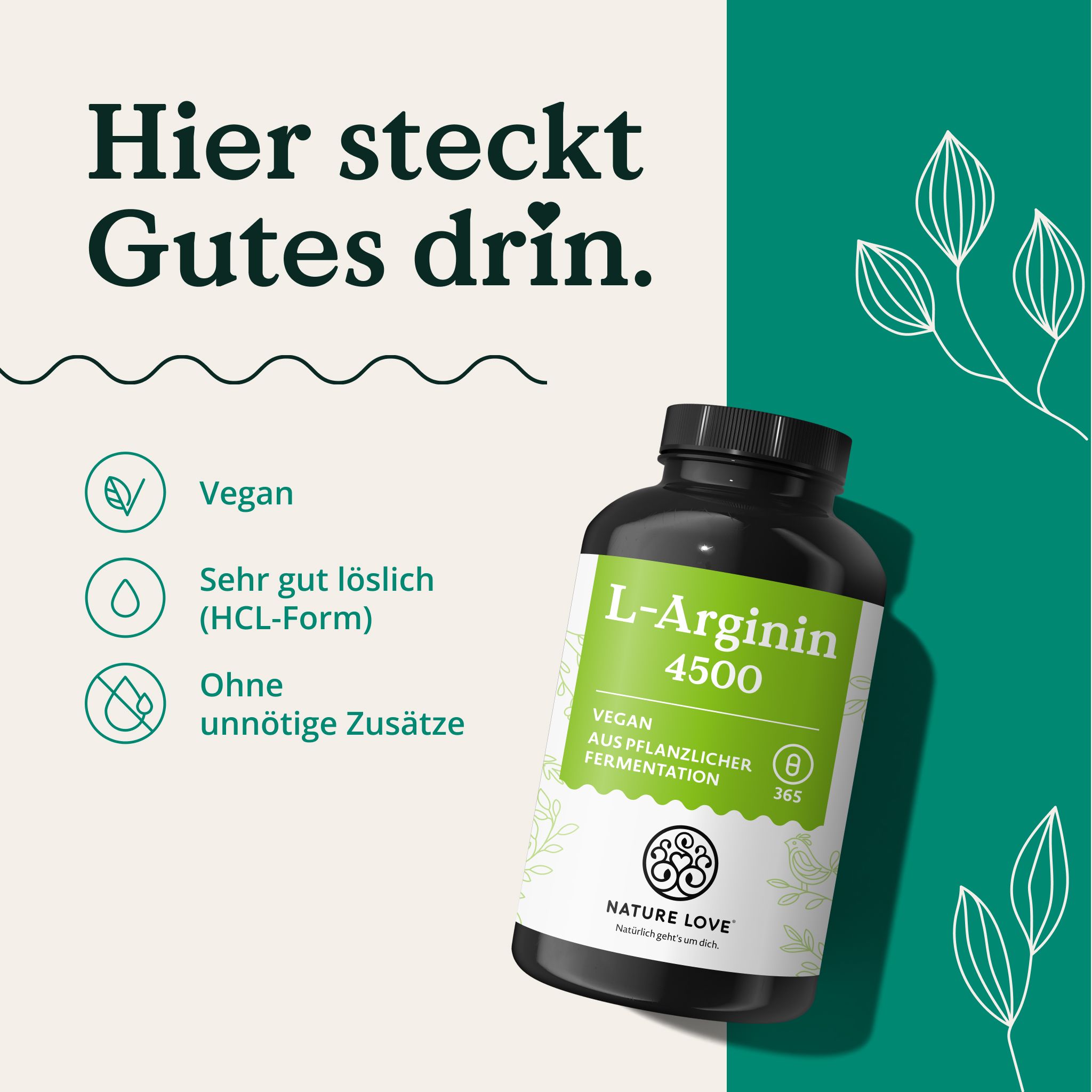 NATURE LOVE L-Arginin 4500 Kapseln, vegan, pflanzliche Fermentation.