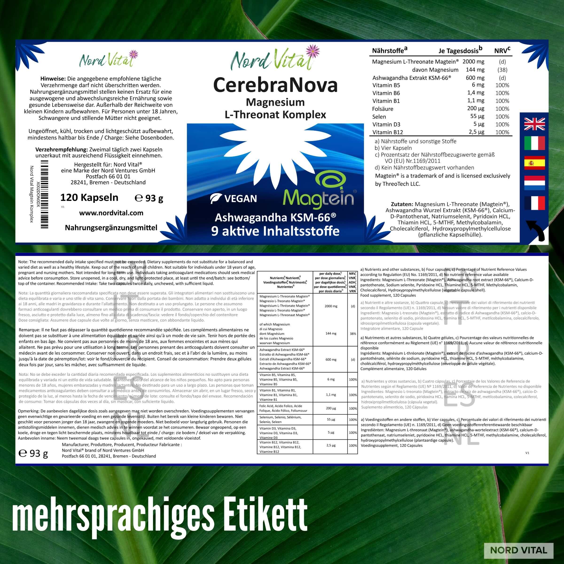 Etikett von Nord Vital CerebraNova. Enthält Magnesium L-Threonat, Ashwagandha. Mehrsprachig. 120 Kapseln, 93g. Vegan. Nährwertangaben.