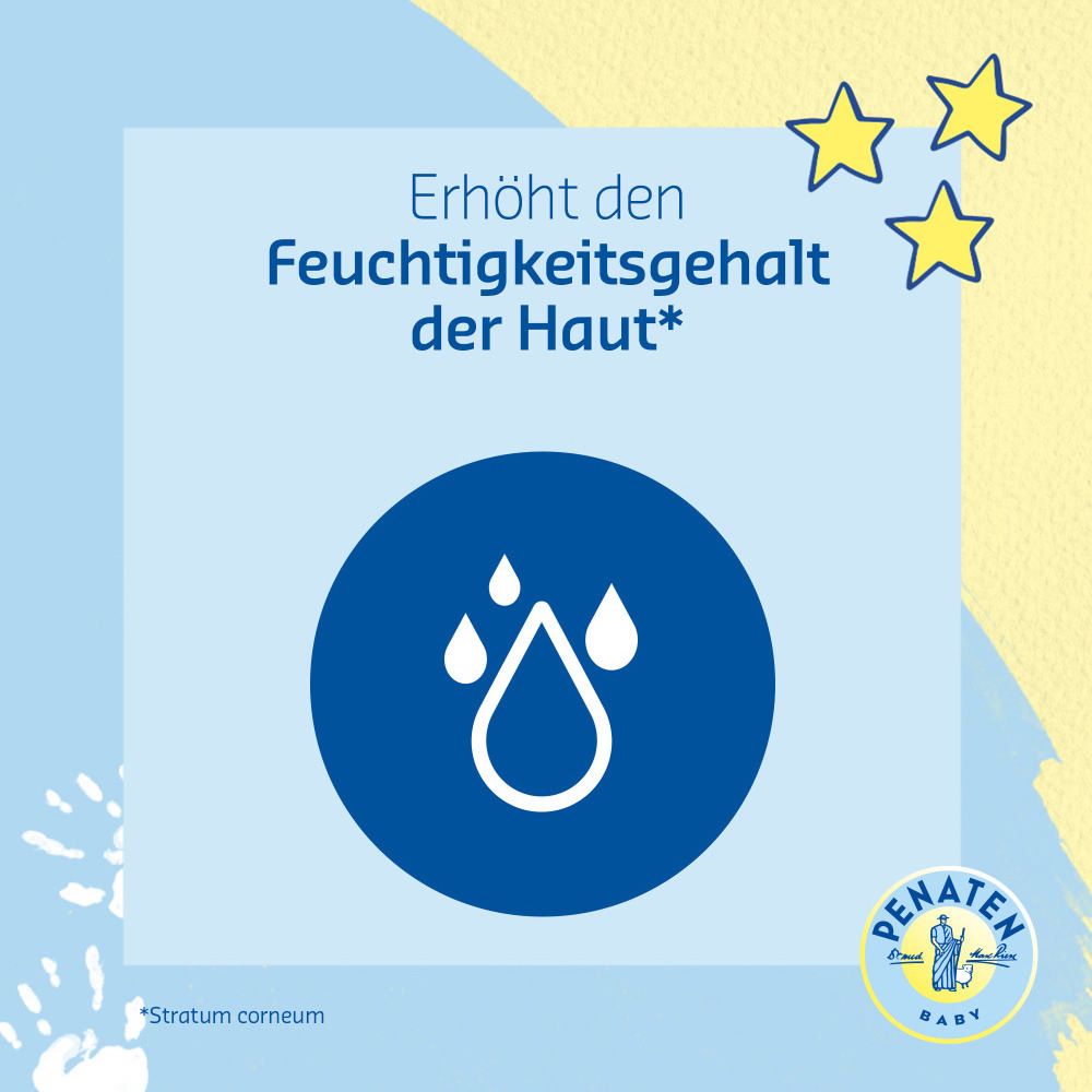 Blauer Hintergrund. Text: Erhöht den Feuchtigkeitsgehalt der Haut*. Tropfensymbol. Sterne. Penaten Baby Logo.