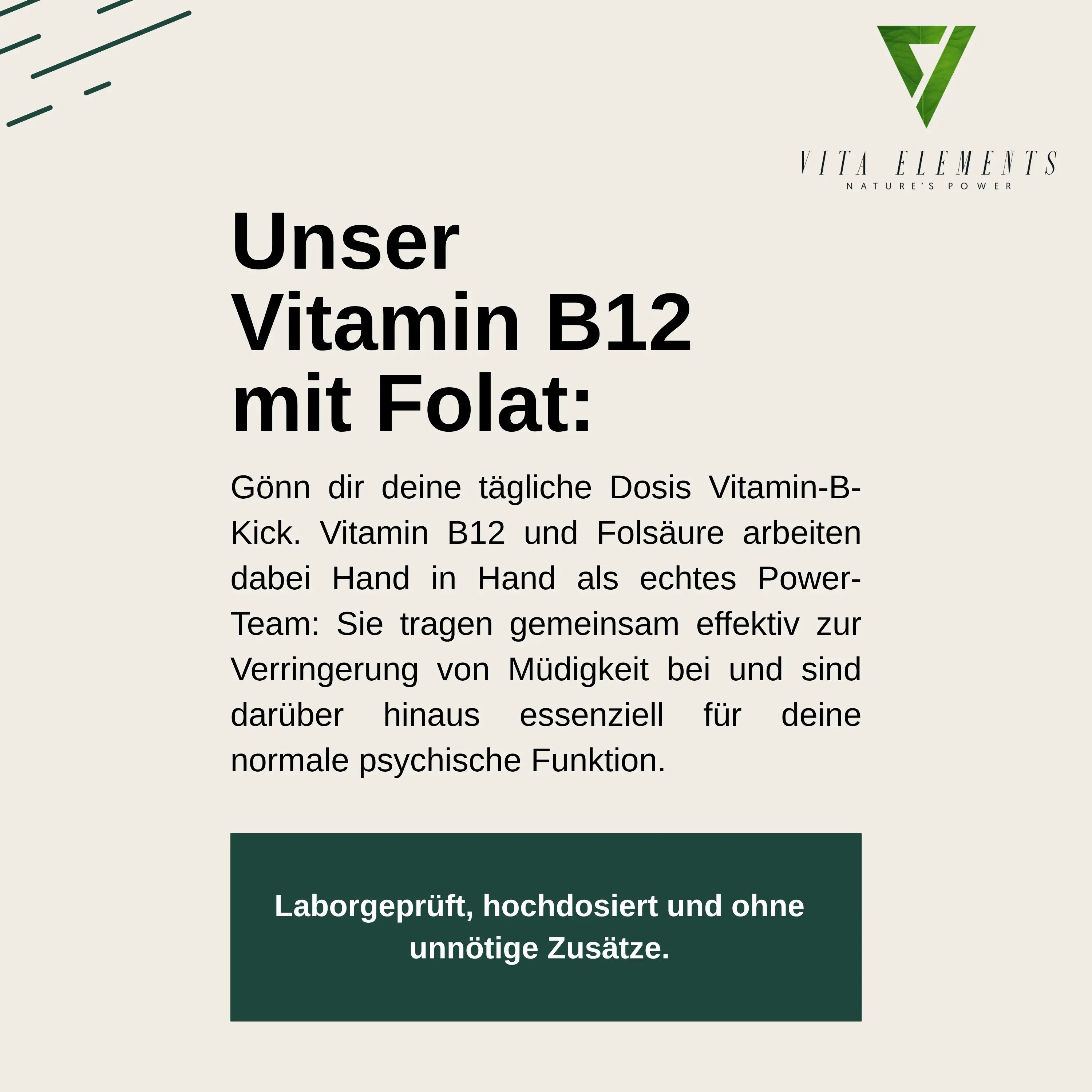 Textinformationen über Vita Elements Vitamin B12 mit Folat.