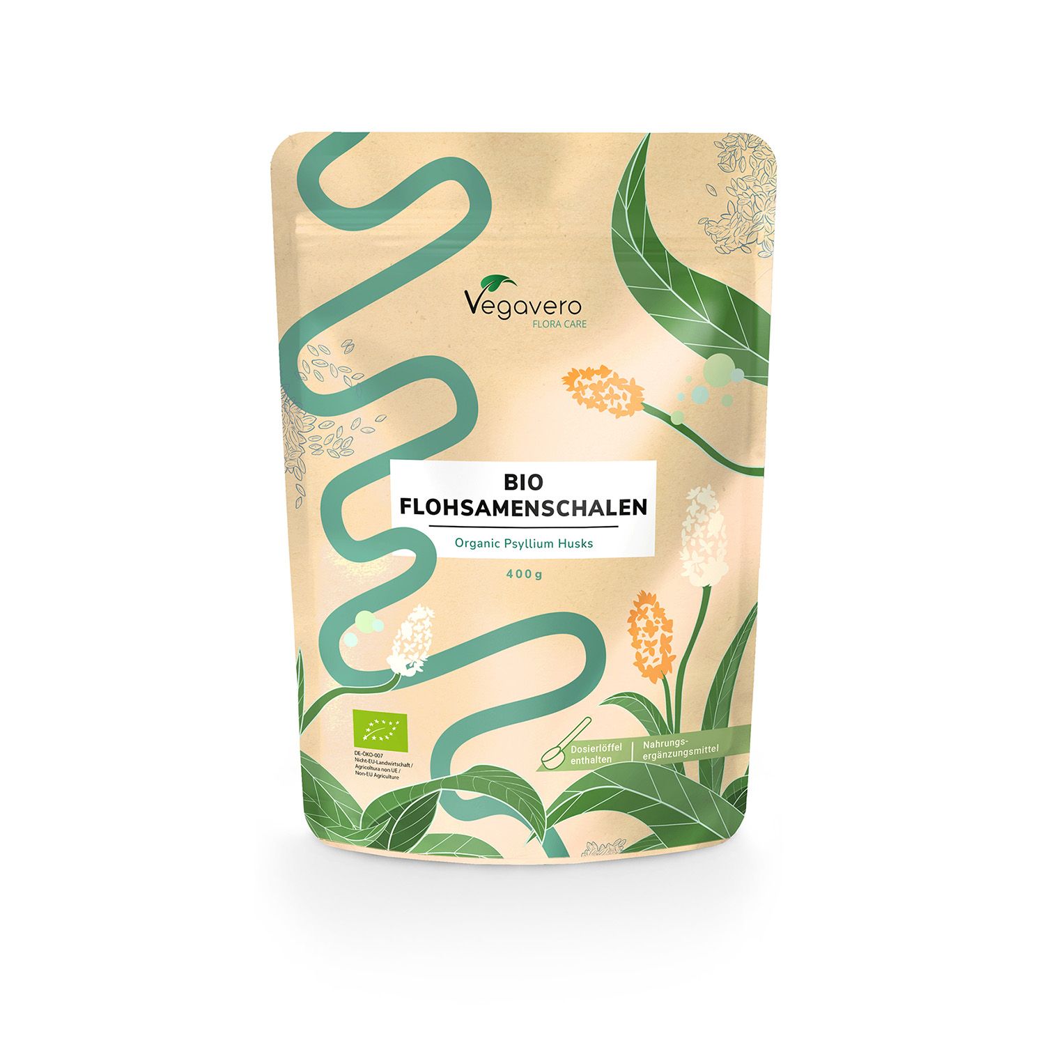 Beutel mit Vegavaro BIO Flohsamenschalen. Beige Verpackung mit grünen und orangen Elementen. 400g.
