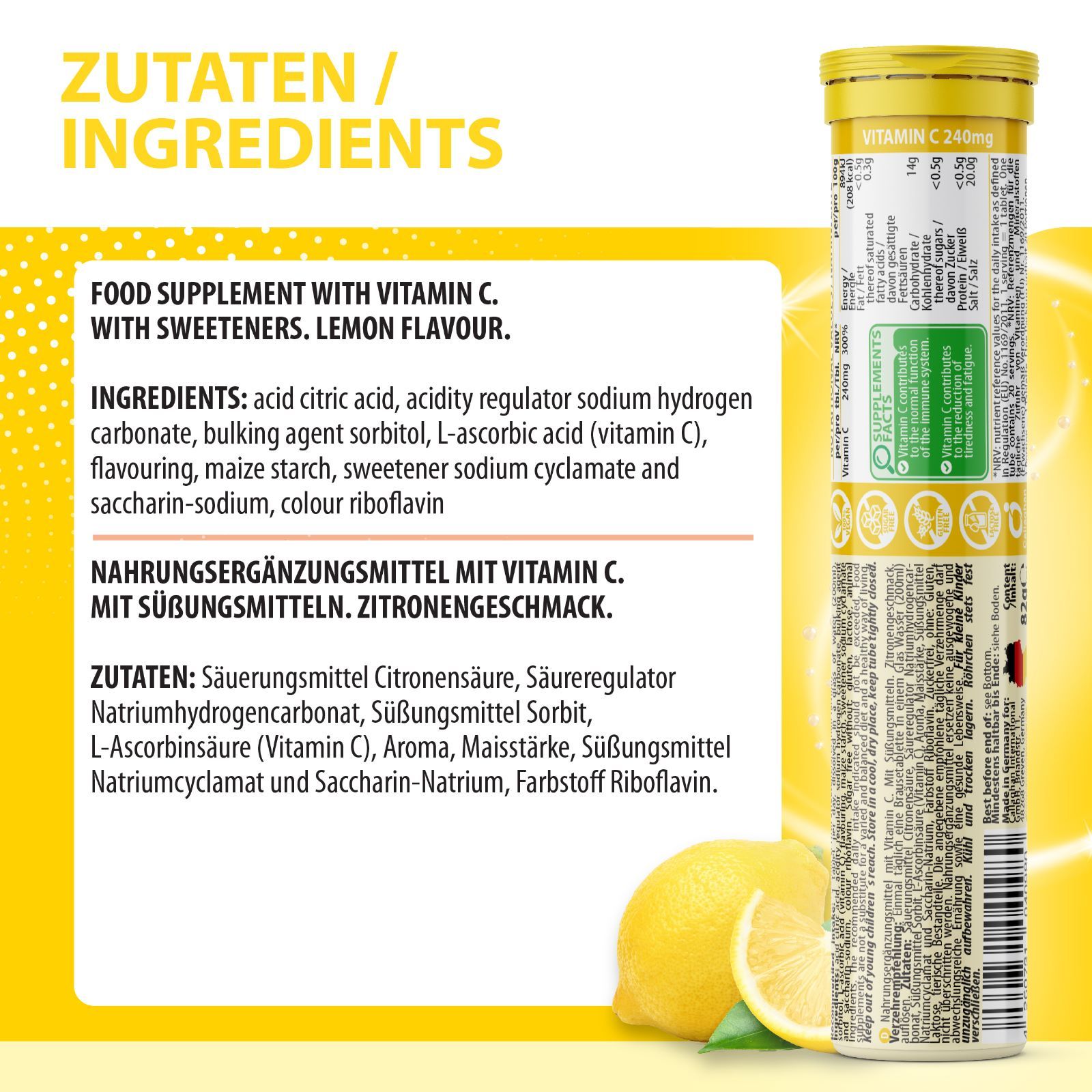 Gelbes Röhrchen EVÄM Vitamin C 240mg. Aufschrift: Essential Vitamins and Minerals. Zutatenliste: Vitamin C, Zitronensäure, Süßstoffe. Rückseite mit Text.