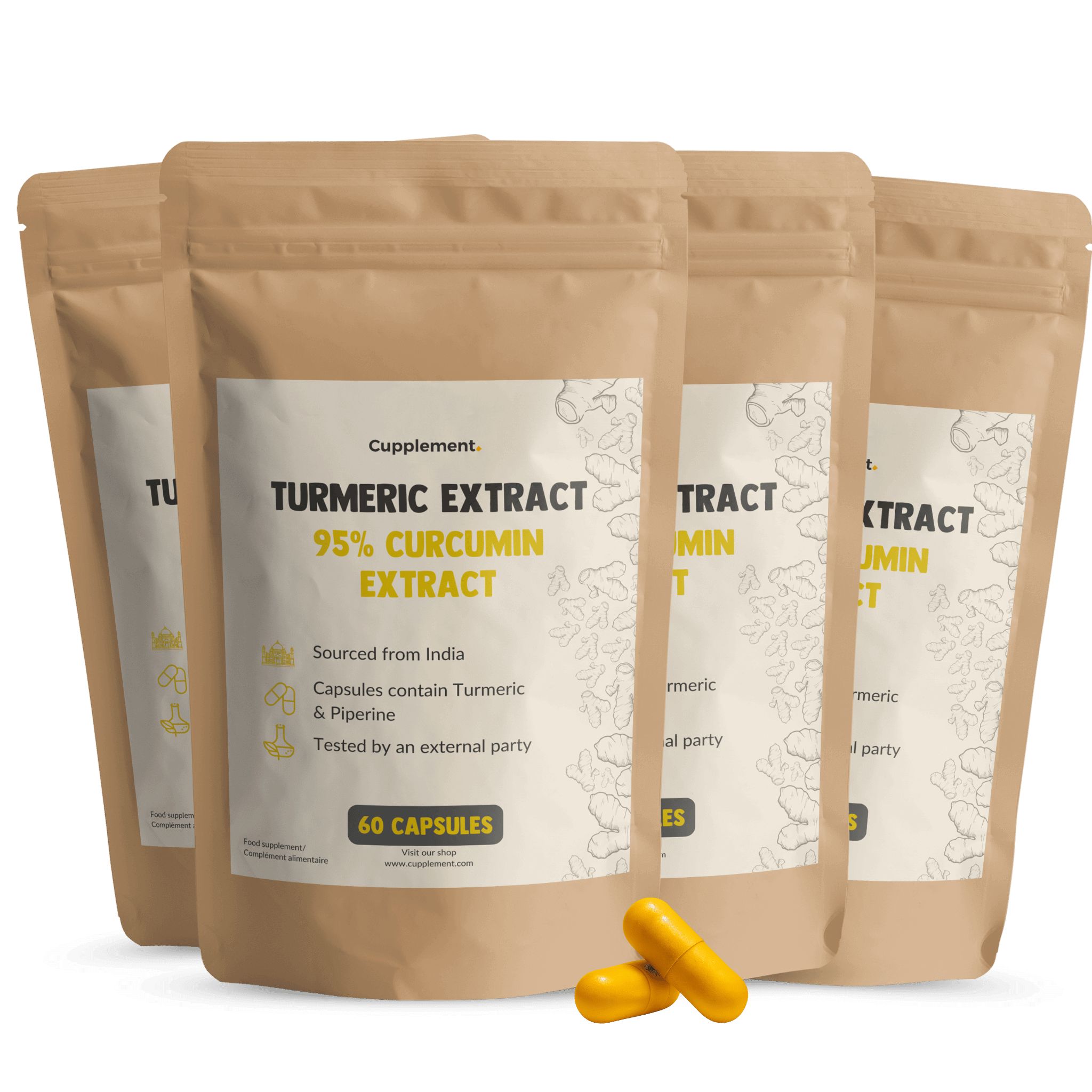Mehrere Beutel mit Kapseln. Aufschrift: Turmeric Extract, 95% Curcumin Extract, 60 Kapseln. Gelbe Kapseln.