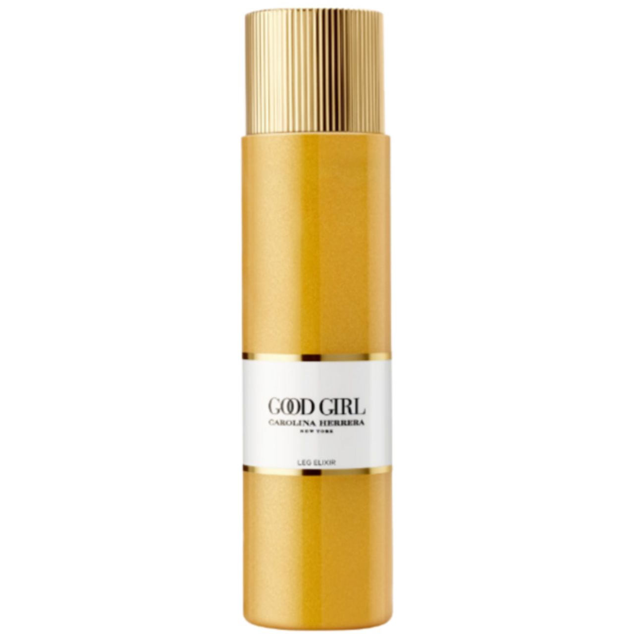 Goldfarbene Flasche mit goldenem Deckel. Aufschrift: GOOD GIRL, CAROLINA HERRERA.