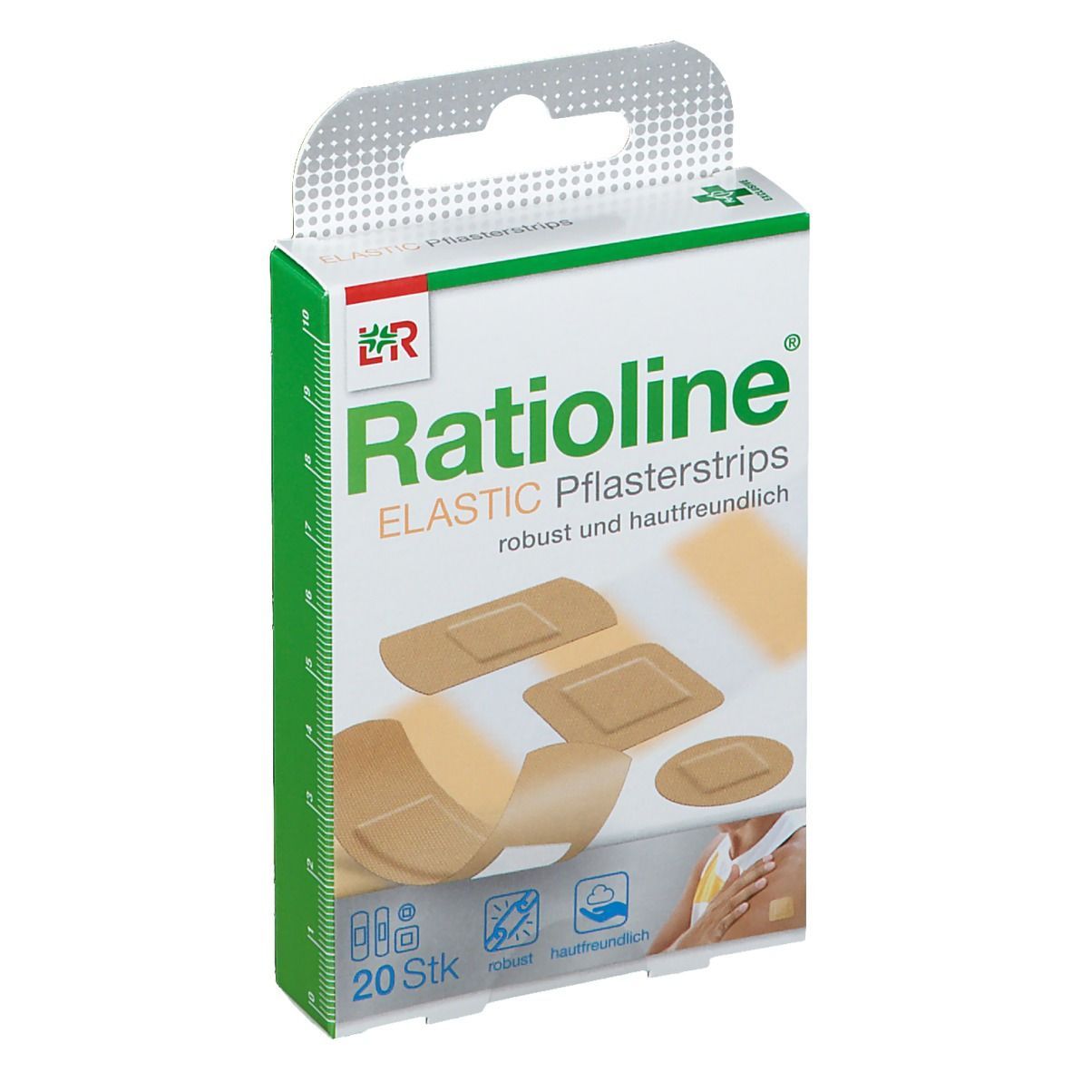 Ratioline® elastic Pflasterstrips, 20 Stück, in Kartonverpackung. Pflaster in verschiedenen Formen und Größen abgebildet.
