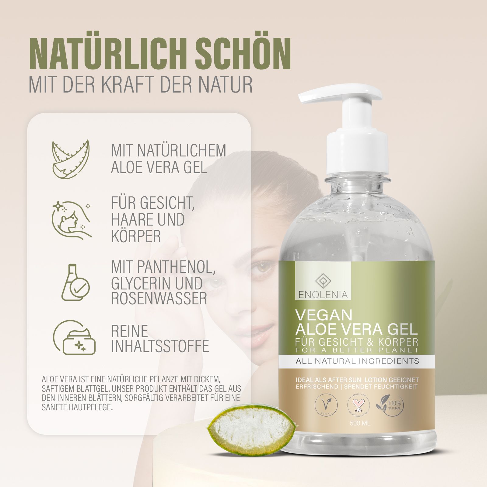 Enolenia® Aloe Vera Gel Flasche mit Pumpspender, umgeben von Aloe Vera Blättern und Text.