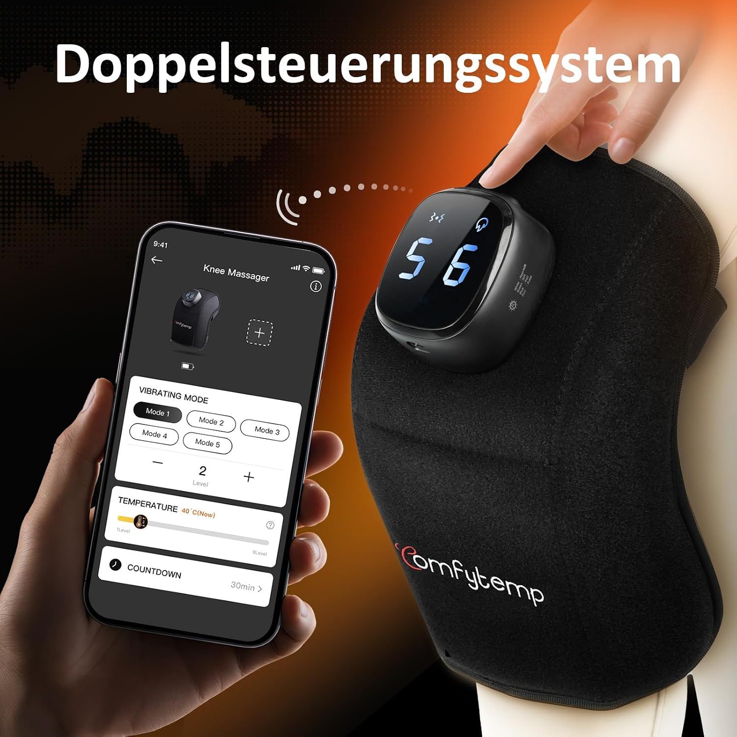 Schwarze Kniebandage mit digitalem Display und Smartphone-App-Steuerung.