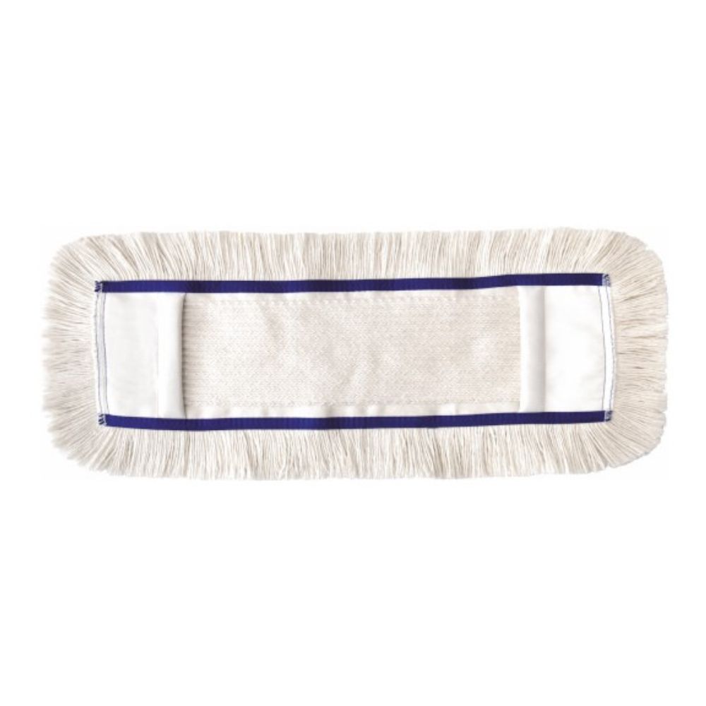 Rechteckiger Moppkopf mit weißem Baumwollfransen und blauem Rand. Mittig ein weißes Rechteck.