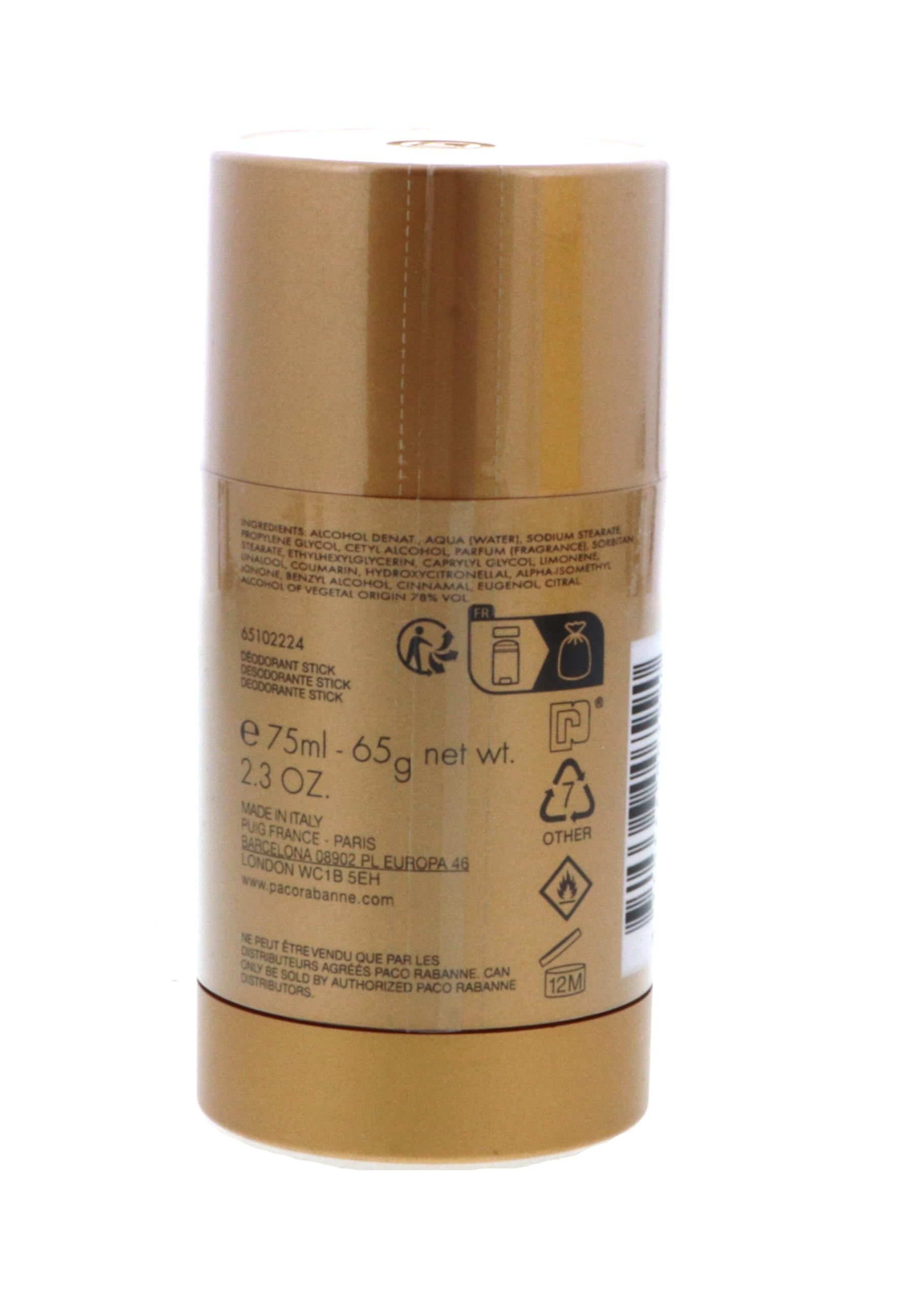 Goldener Deostift. Rückseite mit Inhaltsstoffen, Informationen und Barcode.
