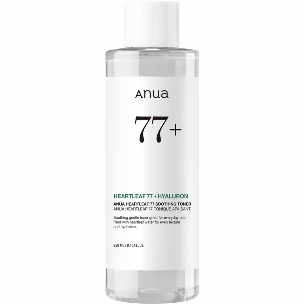 Flasche des Gesichtstoners mit der Aufschrift "77+" und "Heartleaf 77+ Hyaluron".