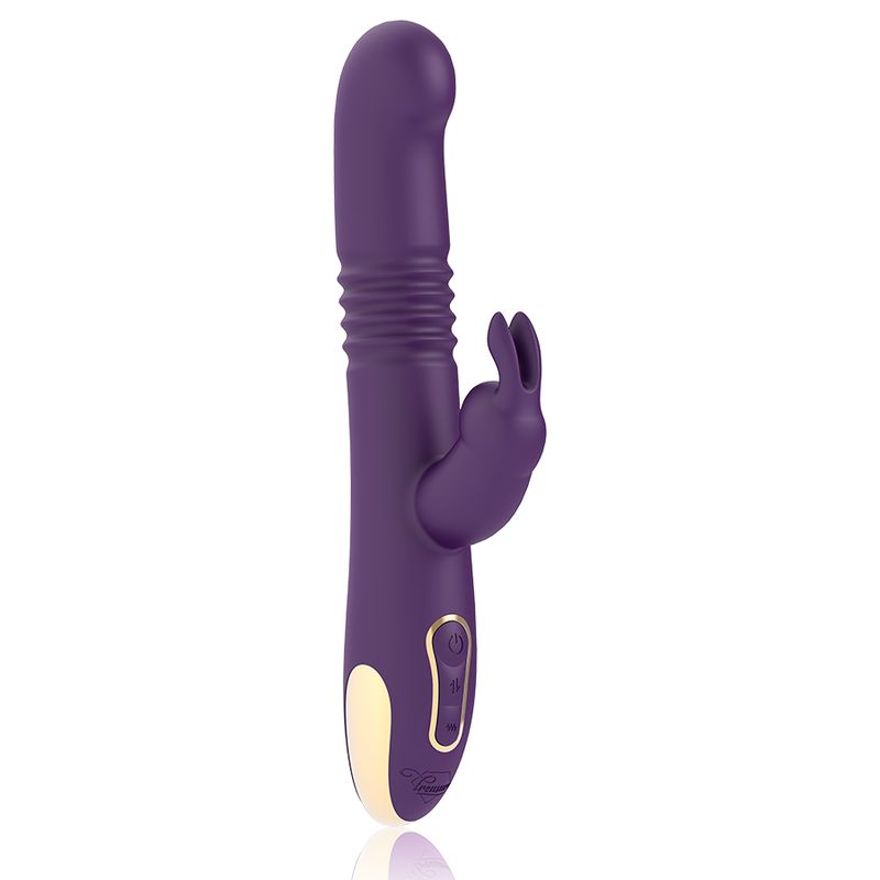 Lila Vibrator mit Kaninchenohren. Geriffelte Oberfläche. Goldfarbene Akzente. Bedienfeld mit Knöpfen.