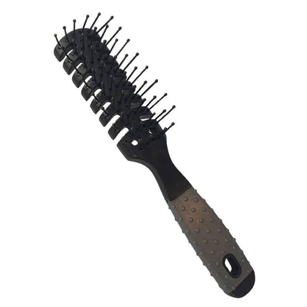 Schwarze Skelettbürste mit Griff. Borsten und Griff in Schwarz, Griff mit Noppen und Loch. Winkelansicht.