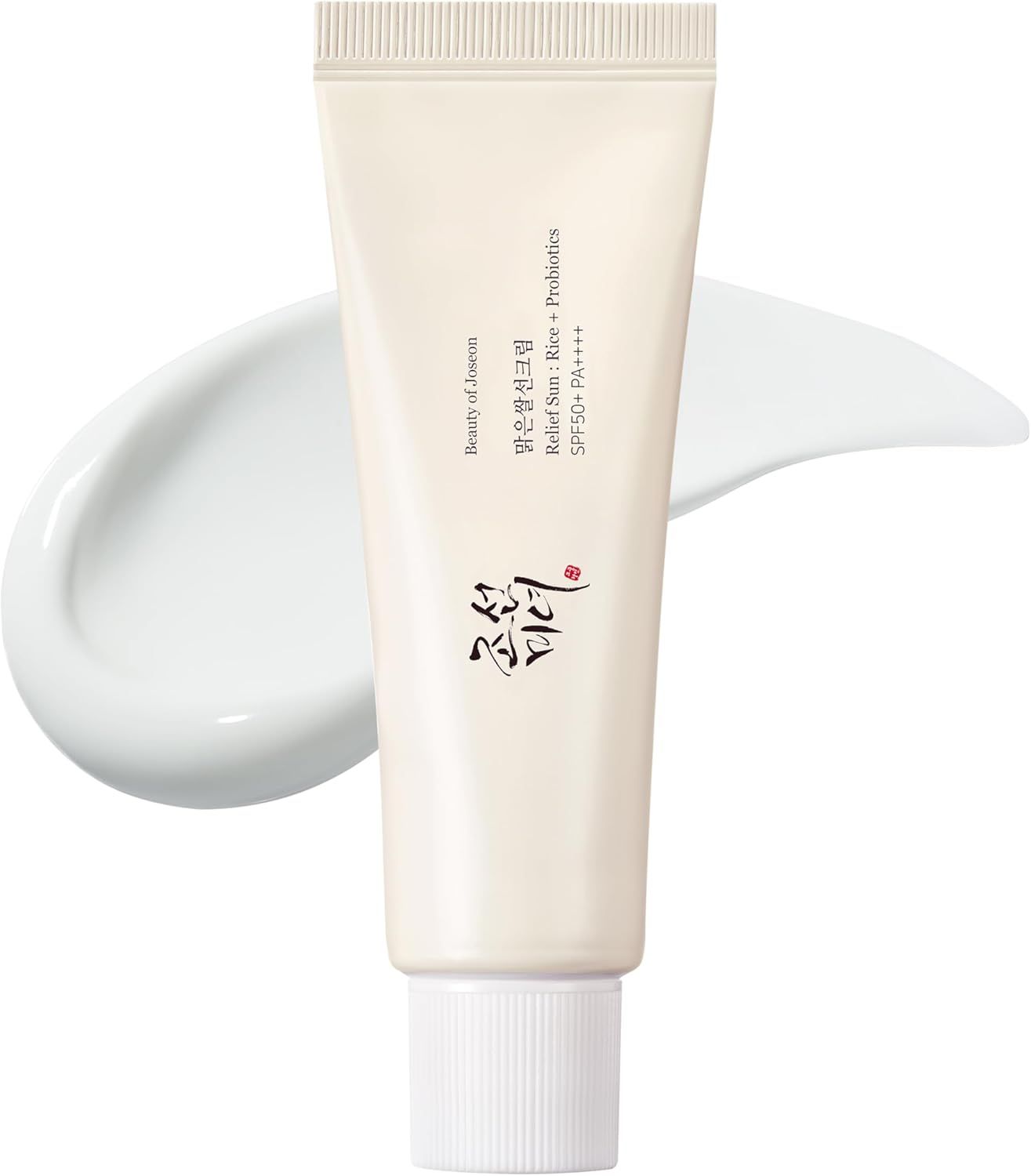 Creme-Tube mit Produkt daneben. Aufschrift: Relief Sun Rice + Probiotics SPF 50+ PA++++.