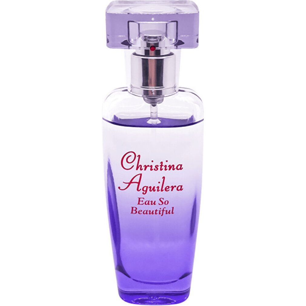 Parfümflasche mit lila Farbverlauf. Schriftzug: Christina Aguilera Eau So Beautiful. Transparenter Sprühkopf.