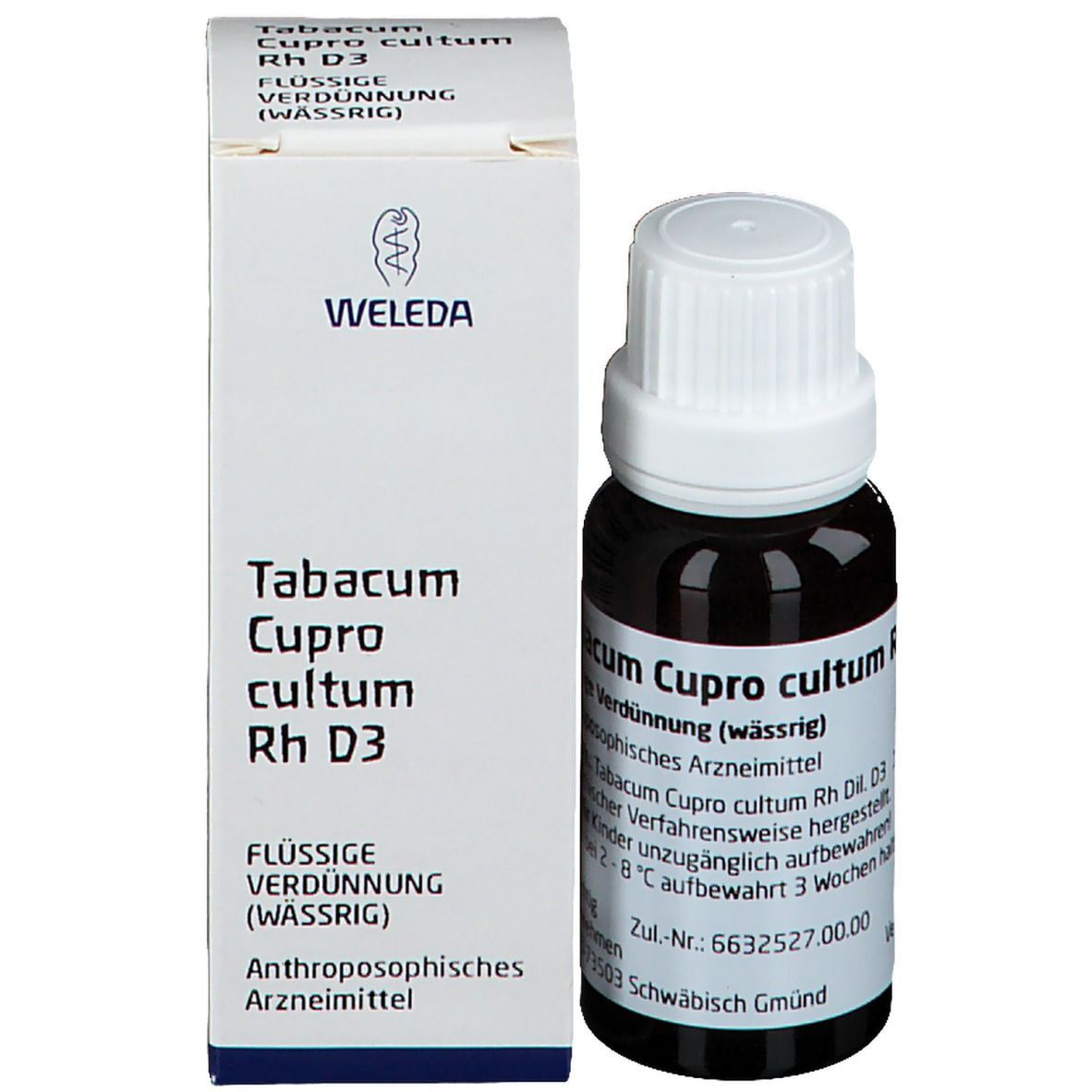 Weleda-Verpackung mit Flasche. Aufschrift: Tabacum Cupro cultum Rh D3. Flasche mit weißem Deckel. Apothekenpflichtig.