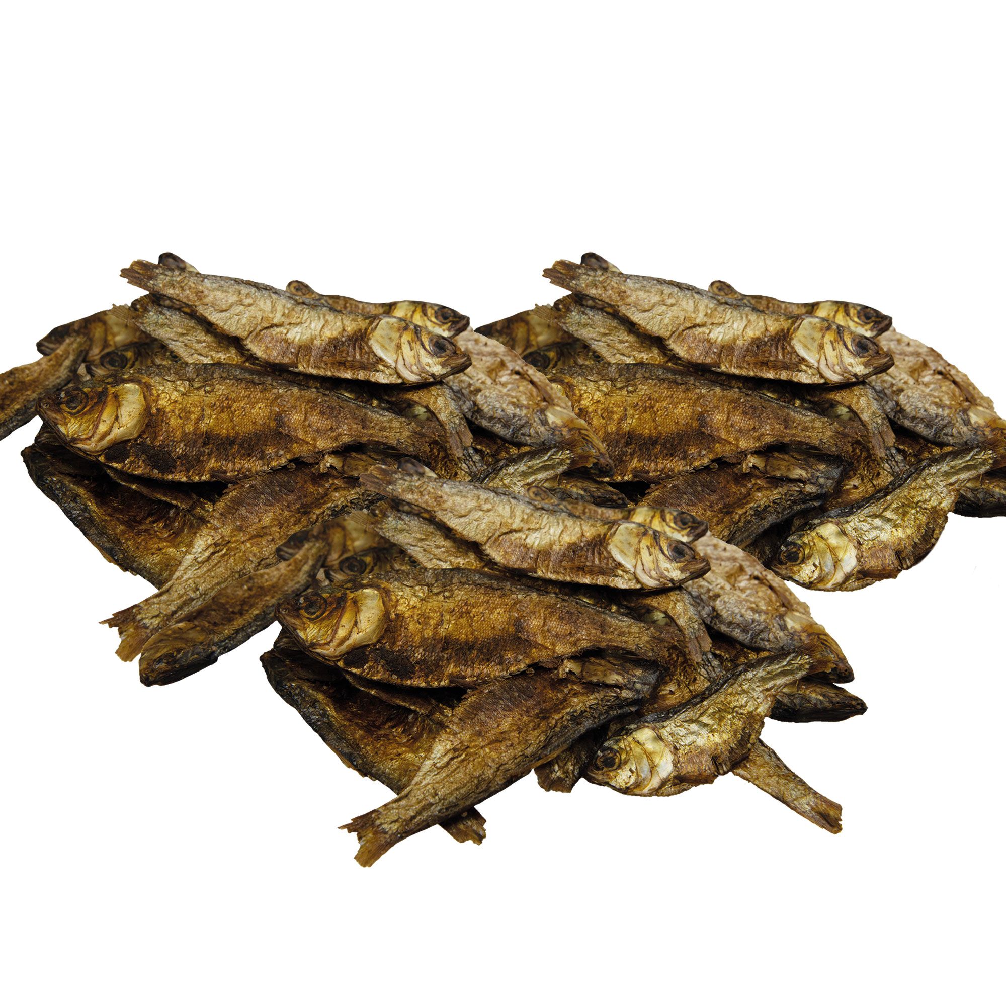 Gebratene Mojarra-Snackfische, braun, in Haufen angeordnet. Sichtbare Fischform, keine Verpackung.