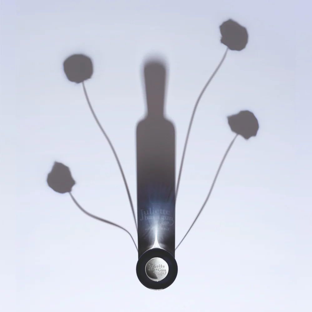 Schattenbild eines Parfumflakons mit Blüten. Aufschrift: Juliette has a gun, Musc Invisible.