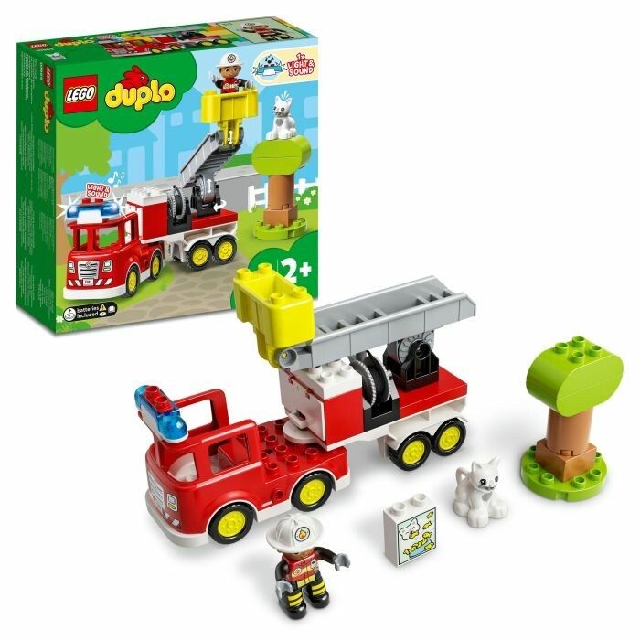 LEGO Duplo Feuerwehrauto-Set. Rotes Fahrzeug mit Leiter, Figur, Katze und Zubehör. Verpackung mit Logo und Produktnummer.