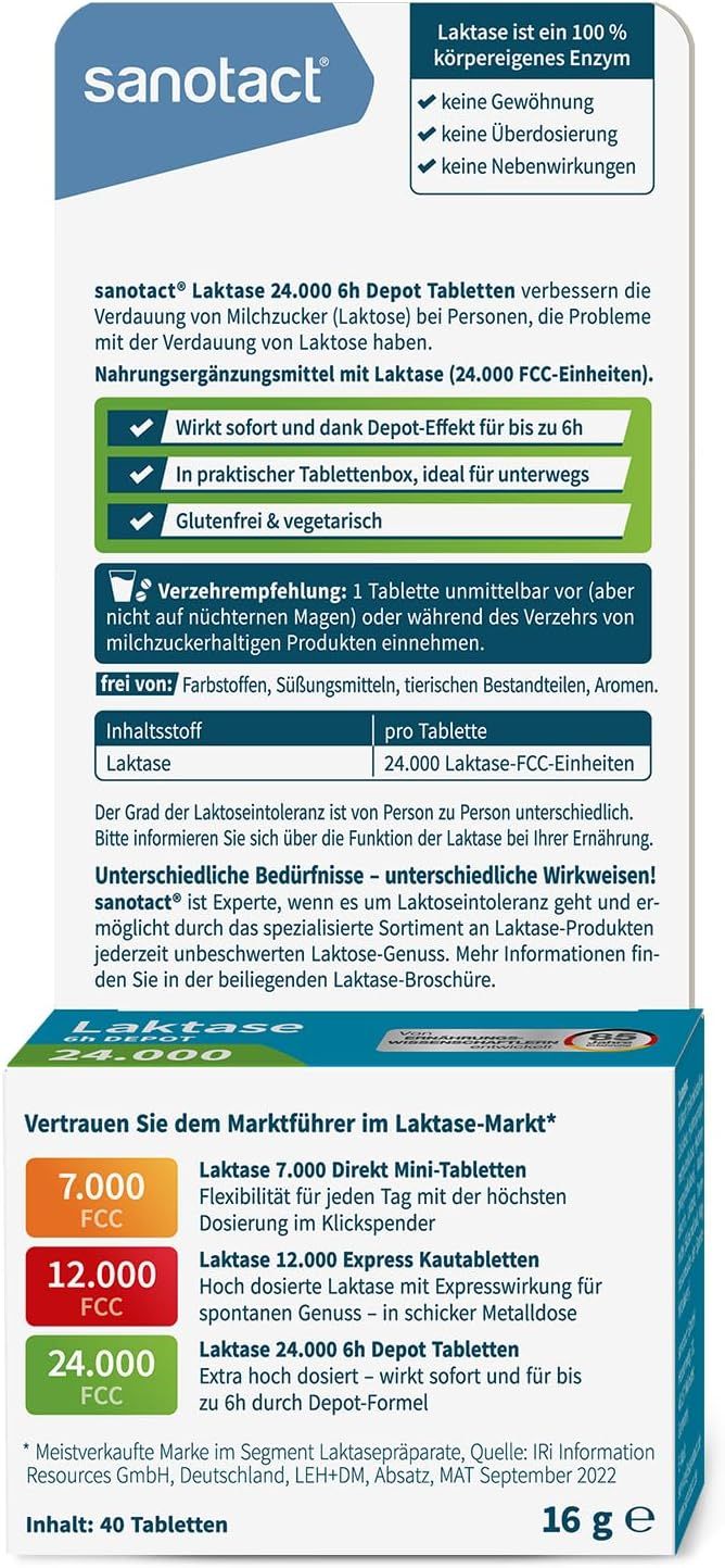 sanotact Laktase 24.000 6h DEPOT • Laktose Tabletten mit Depot-Wirkung • Bei Laktoseintoleranz