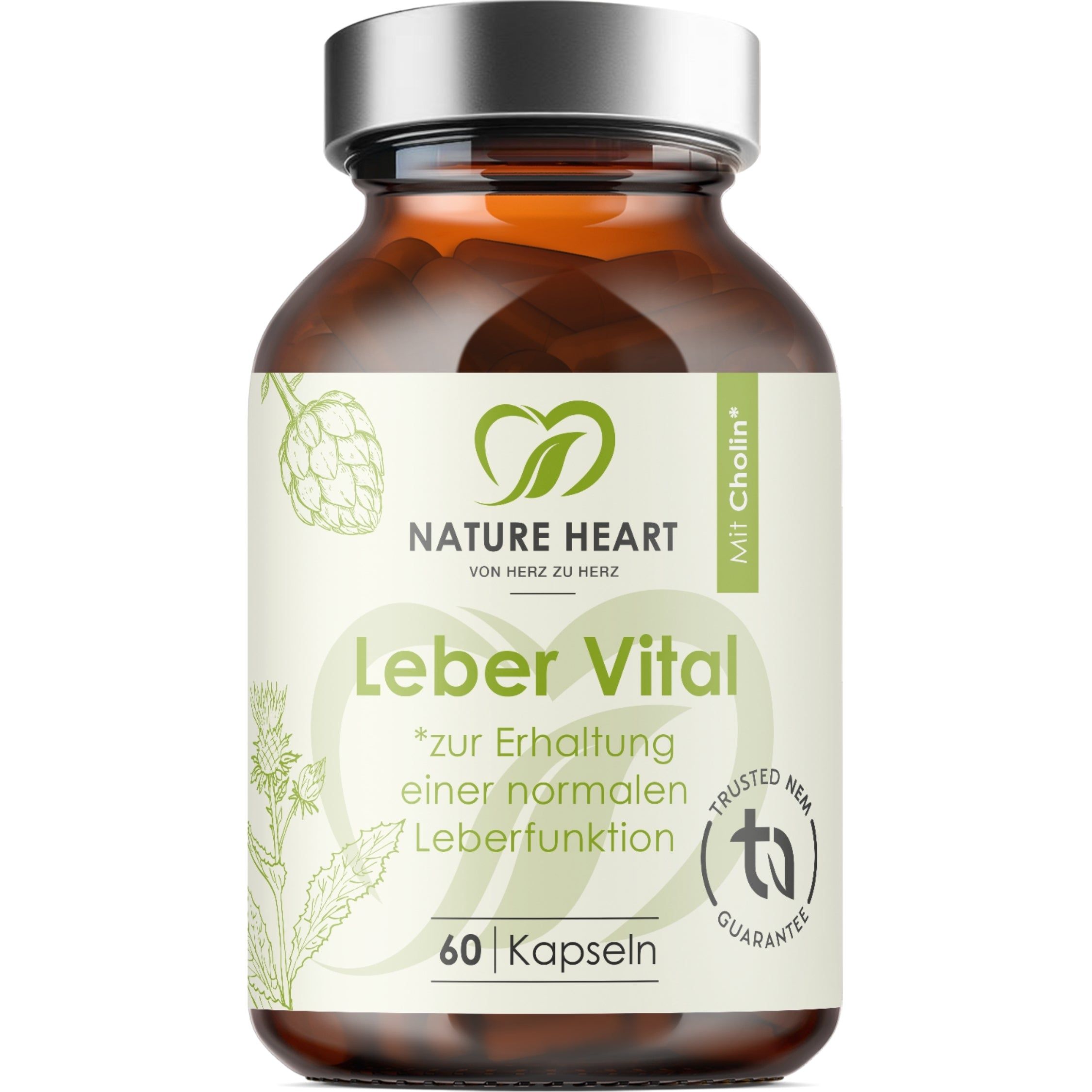 Nature Heart Leber Vital Kapseln in Braunglasflasche mit silbernem Deckel. 60 Kapseln.