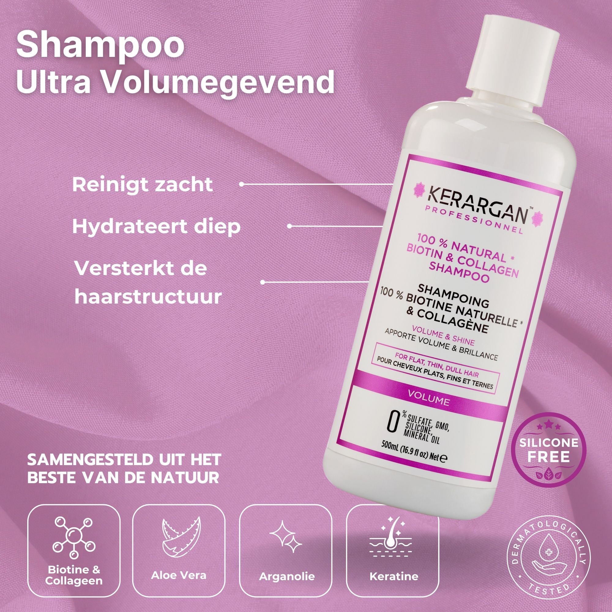Kerargan shampoo, witte fles. Tekst: Biotine & Collageen, Volume & Glans. Ingrediënten, dermatologisch getest.