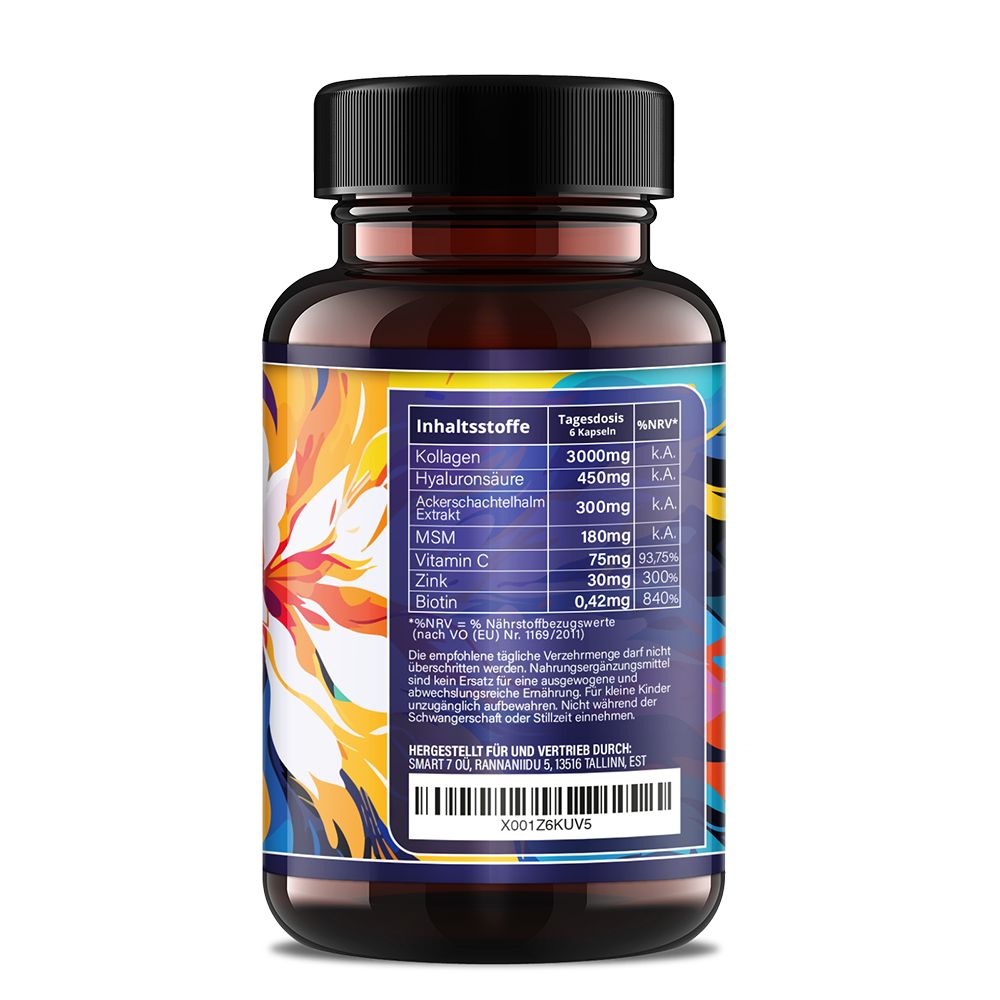 Rückseite einer braunen Flasche mit schwarzen Deckel. Etikett mit Inhaltsstoffen: Kollagen, Hyaluronsäure, MSM, Vitamin C, Zink, Biotin.