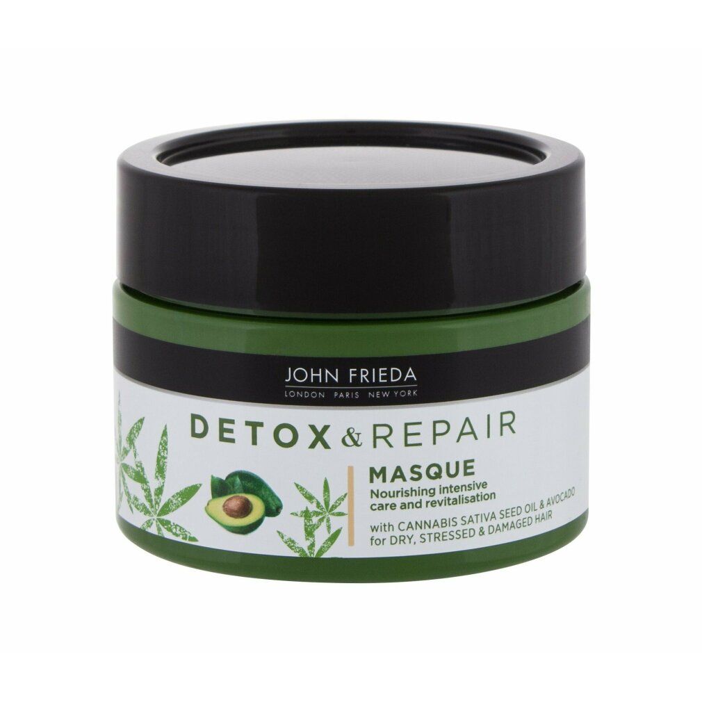 Runde Dose John Frieda Detox & Repair Masque. Schwarzer Deckel, grüner Körper, weißes Etikett mit Cannabis-Blatt-Illustration.